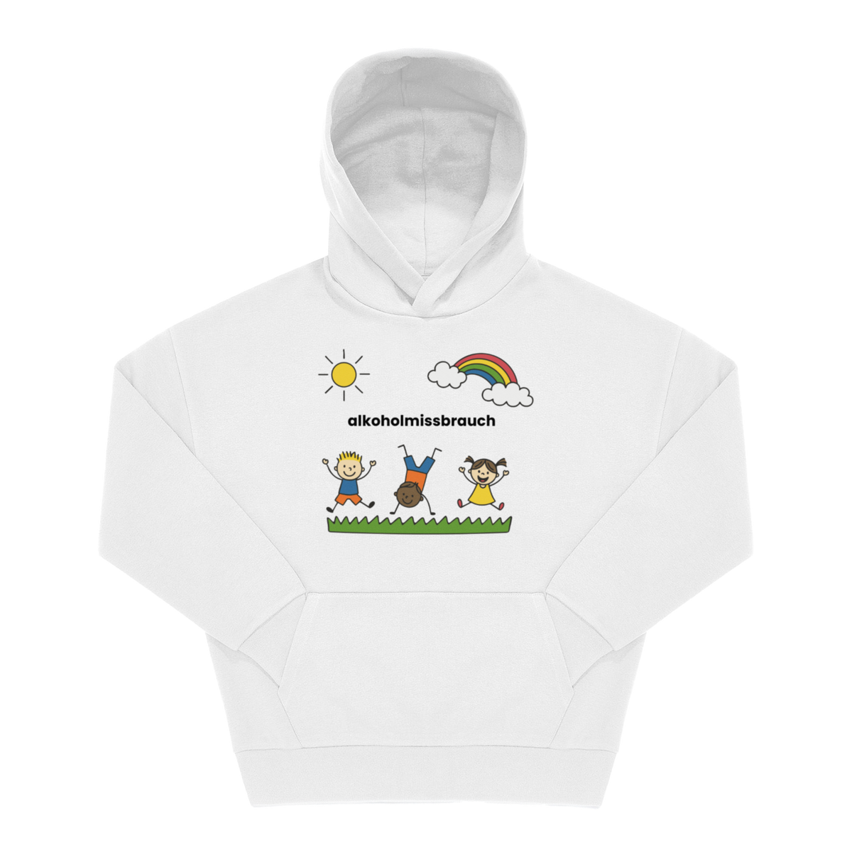 Weißer Hoodie mit Spruch „alkoholmissbrauch", Frontprint im Kinderbuch-Stil mit springenden Figuren, Sonne und Regenbogen.