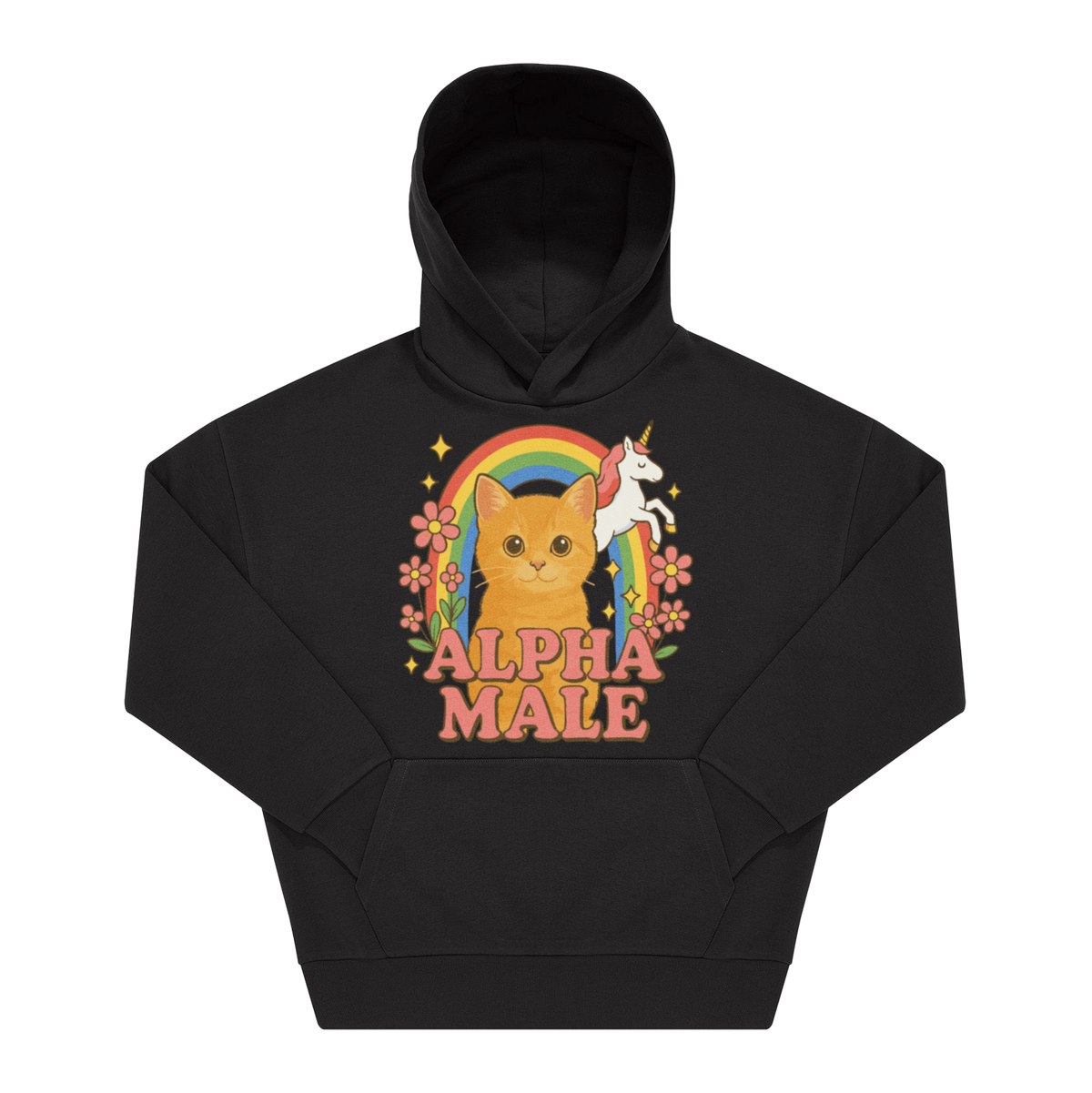 Schwarzer Hoodie mit Frontprint „Alpha Male", oranges Kätzchen mit Einhorn und Regenbogen in pastellfarbener Retro-Grafik