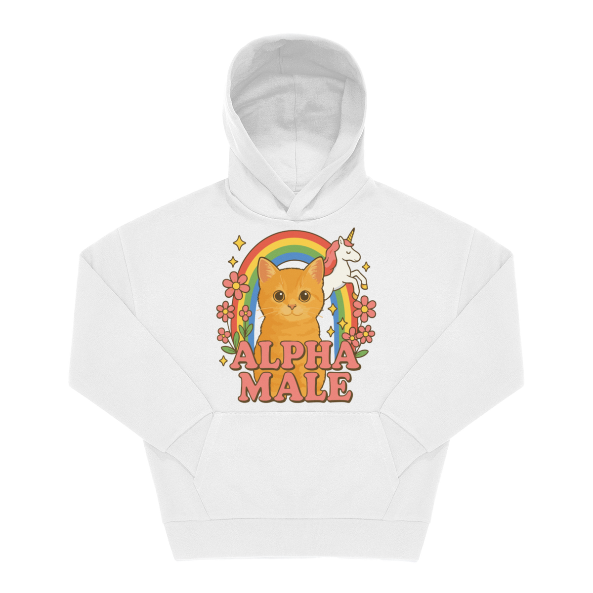 Weißer Hoodie mit Spruch „Alpha Male", Frontprint: oranges Kätzchen, Einhorn, Regenbogen und Blumen im Retro-Comic-Stil