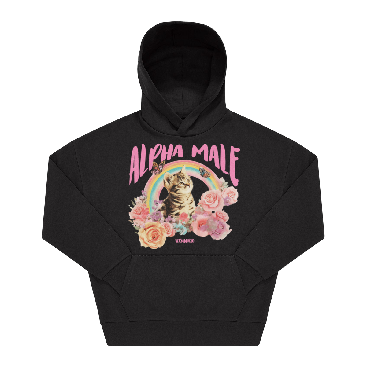 Schwarzer Hoodie mit pinkem „Alpha Male"-Schriftzug, Frontprint mit Kätzchen, Blumen und Regenbogen