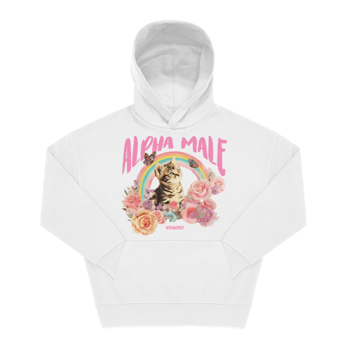 Weißer Hoodie mit Spruch „Alpha Male" in Pink, Frontprint mit Kätzchen, Rosen und Regenbogen-Grafik