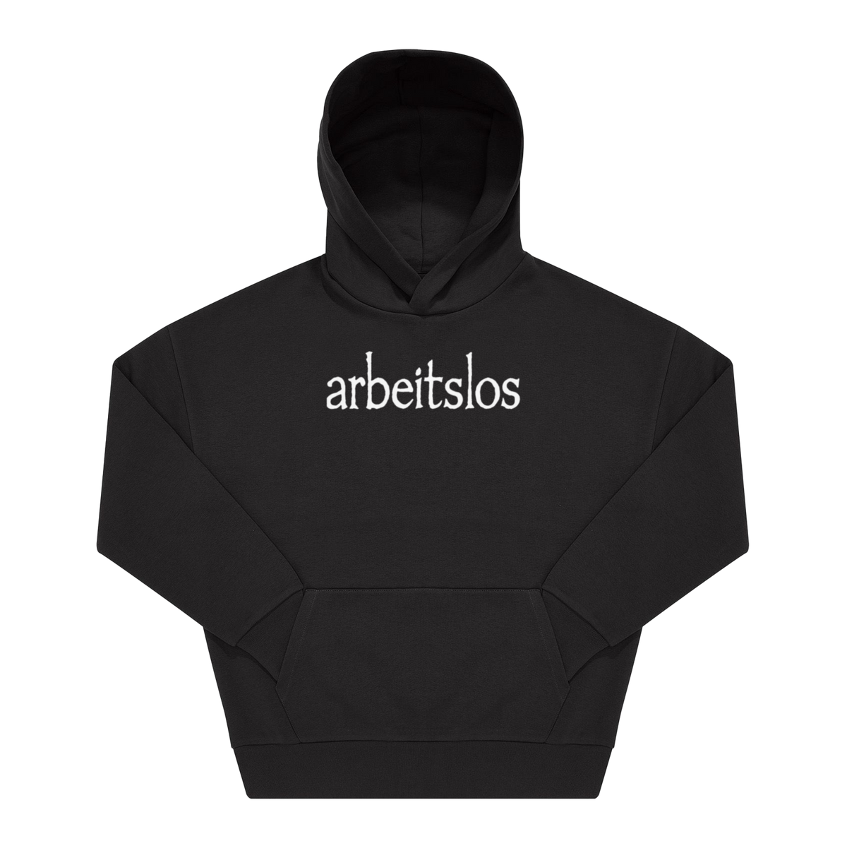 Schwarzer Hoodie mit weißem Frontprint „arbeitslos" in gesperrter Serifenschrift, Mittelprint