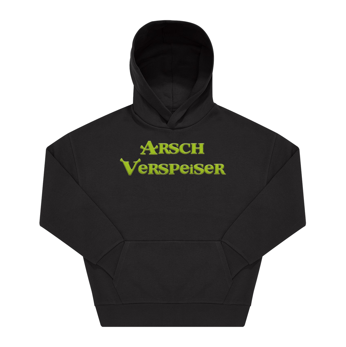 Schwarzer Hoodie mit grünem Frontprint „Arsch Verspeiser" in grüner Comic-Schrift