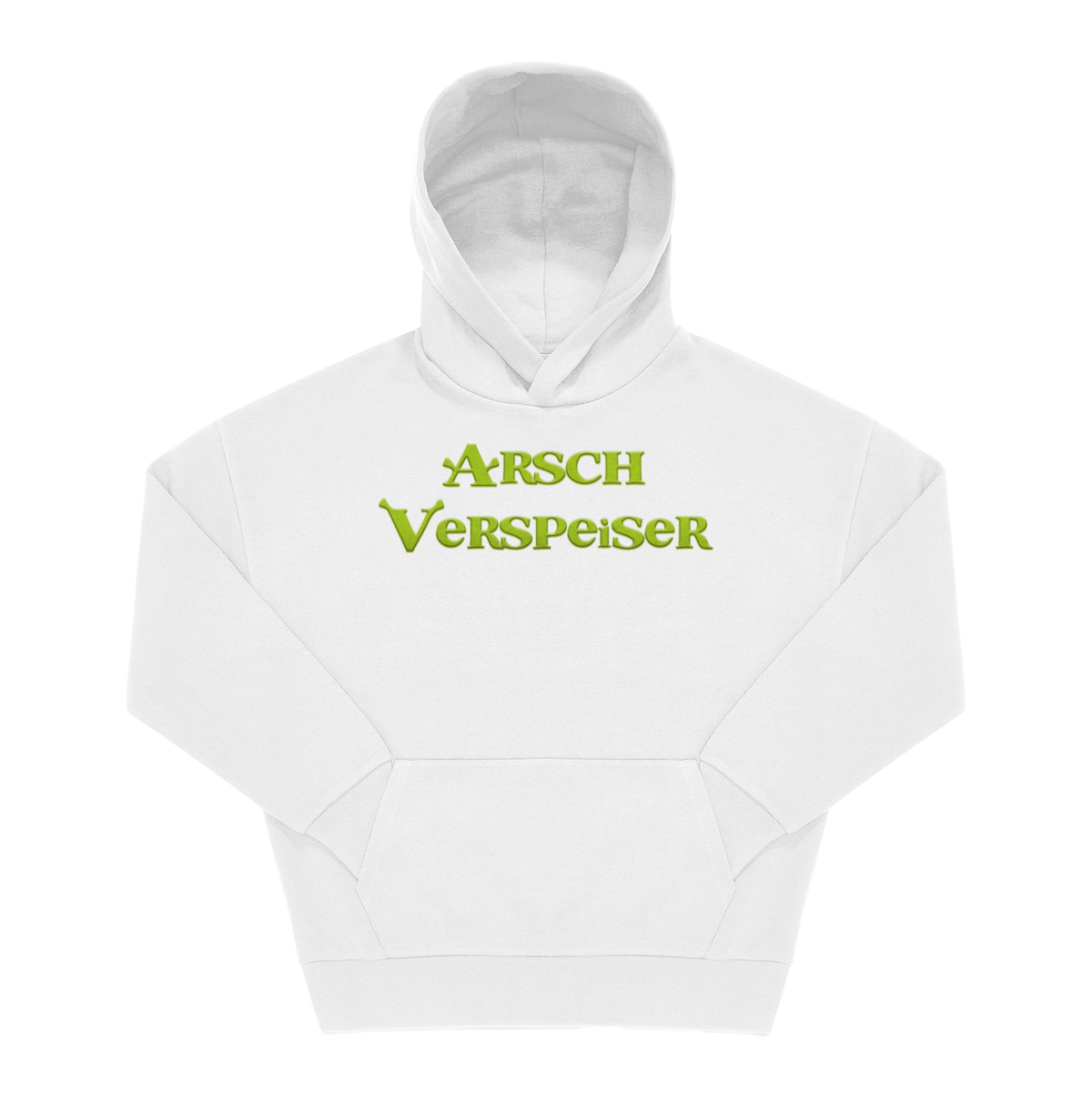 Weißer Hoodie mit grünem Frontprint „Arsch Verspeiser" in grüner Comic-Schrift