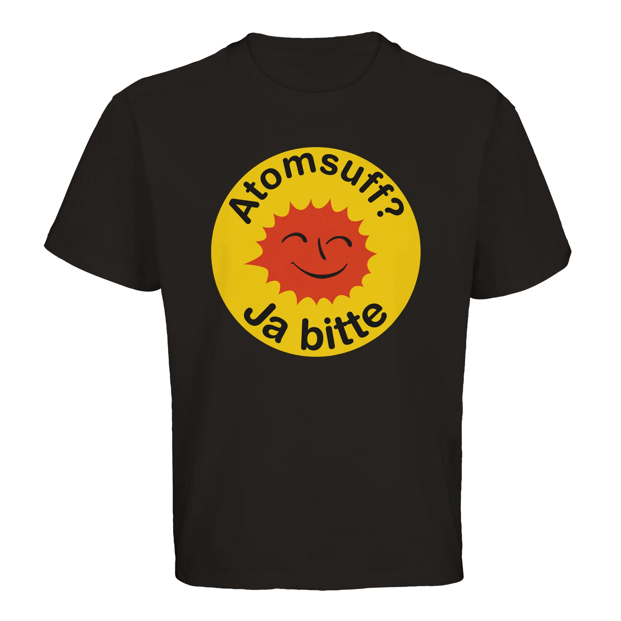 schwarzes oversized T-Shirt mit der Aufschrift Atomsuff? Ja bitte im style des Atomkraft Nein Danke Logos