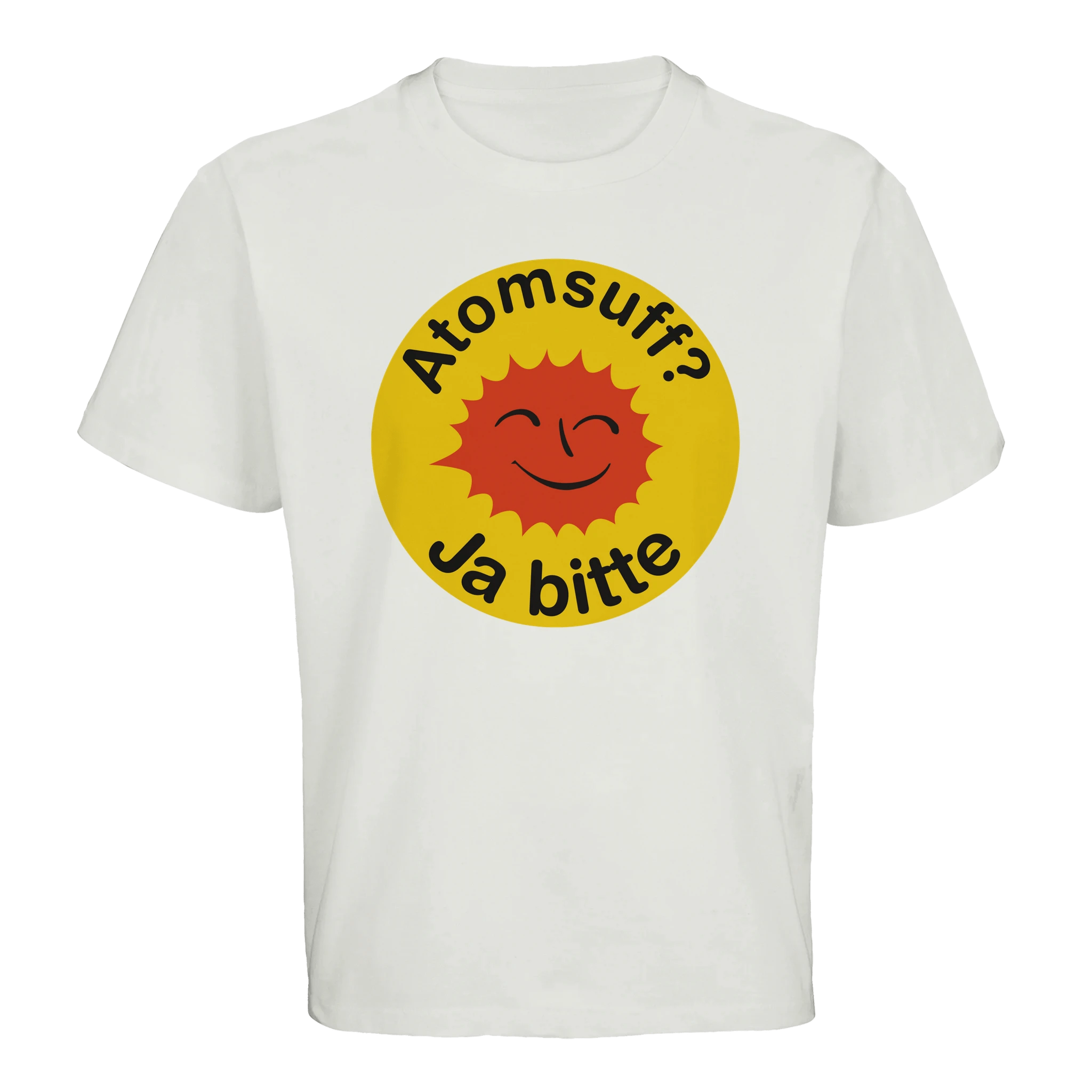 weißes oversized T-Shirt mit der Aufschrift Atomsuff? Ja bitte im style des Atomkraft Nein Danke Logos