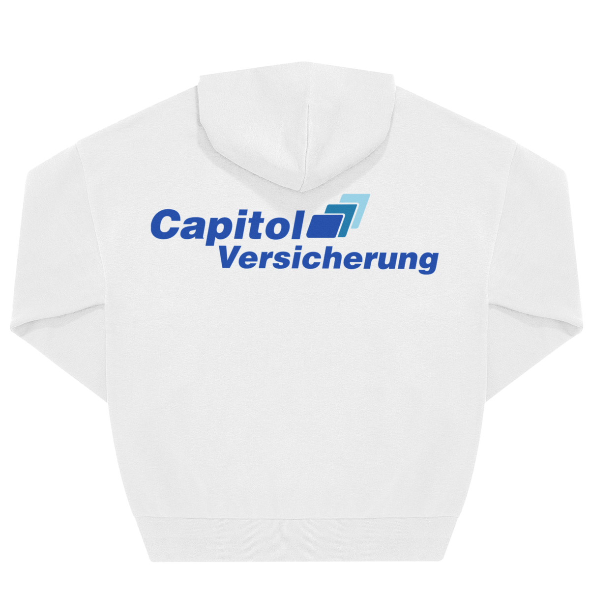 Weißer Hoodie, Rückenansicht mit großem „Capitol Versicherung" Print in Blau mit grafischem Element.