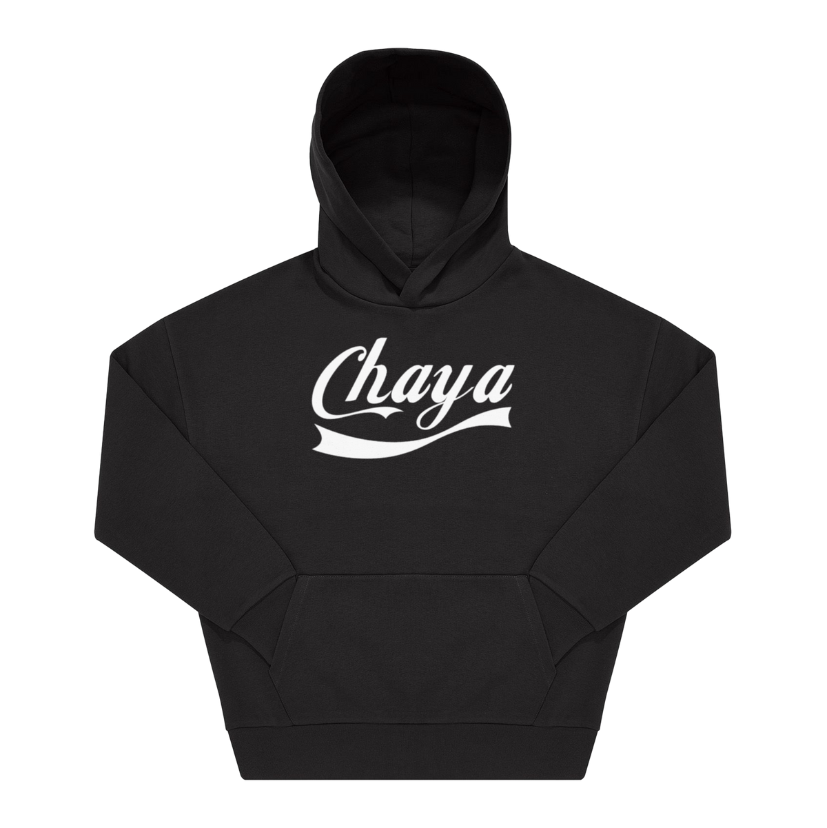 Schwarzer Hoodie mit „Chaya" als weißer Kursivschrift im Softdrink-Stil, Frontprint