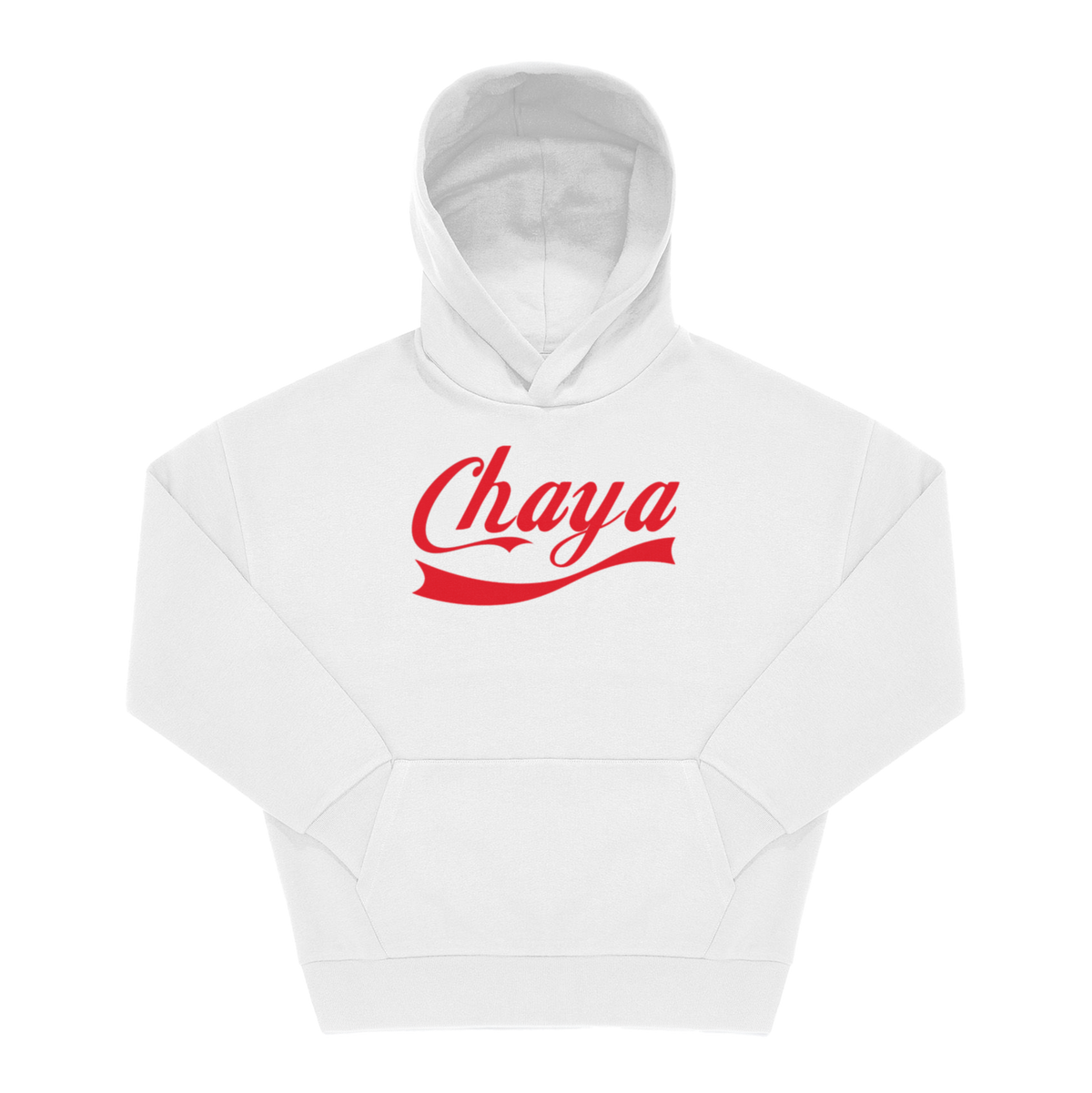 Weißer Hoodie mit „Chaya" als roter Kursivschrift im Softdrink-Stil, Frontprint