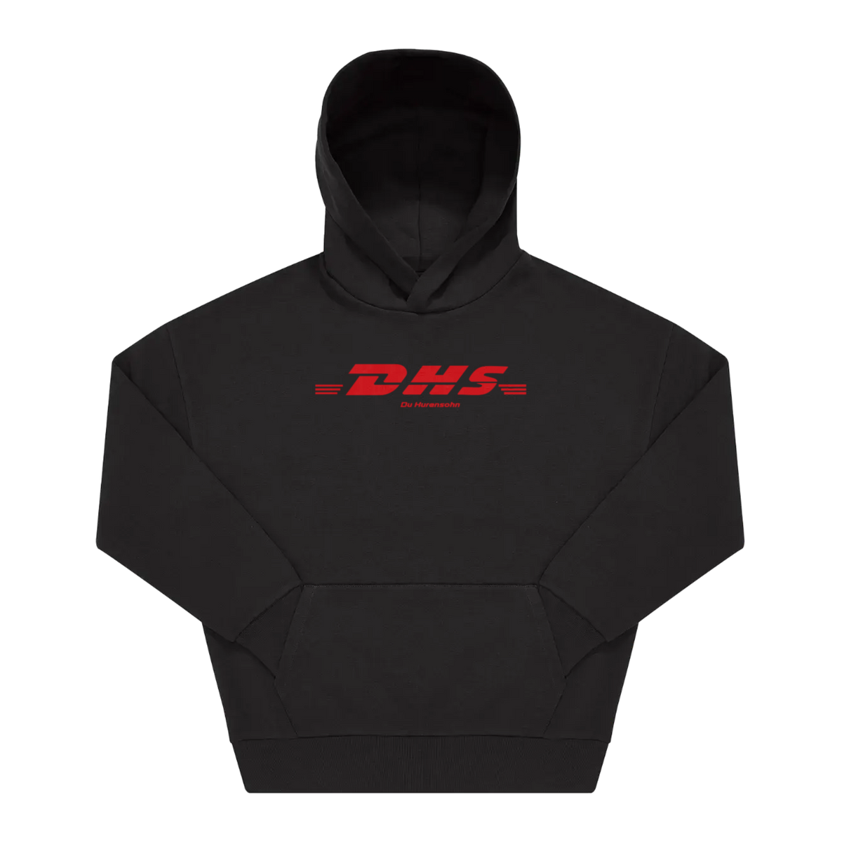 Schwarzer Hoodie mit rotem „DHS, Du Hurensohn" Frontprint im Kurierdienst-Logo-Stil