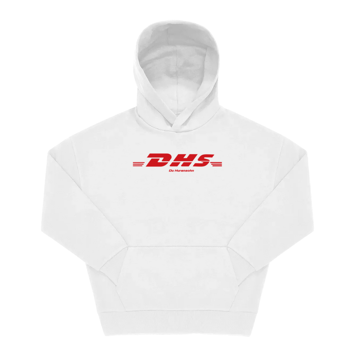 Weißer Hoodie mit rotem „DHS, Du Hurensohn" Frontprint im Kurierdienst-Logo-Stil