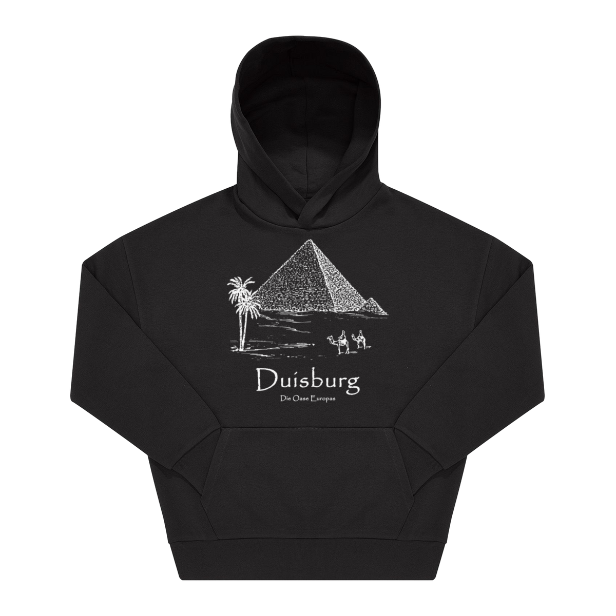 Schwarzer Hoodie mit weißem Frontprint: Pyramiden-Illustration, Palmen, Kamele, Schriftzug „Duisburg, Die Oase Europas"