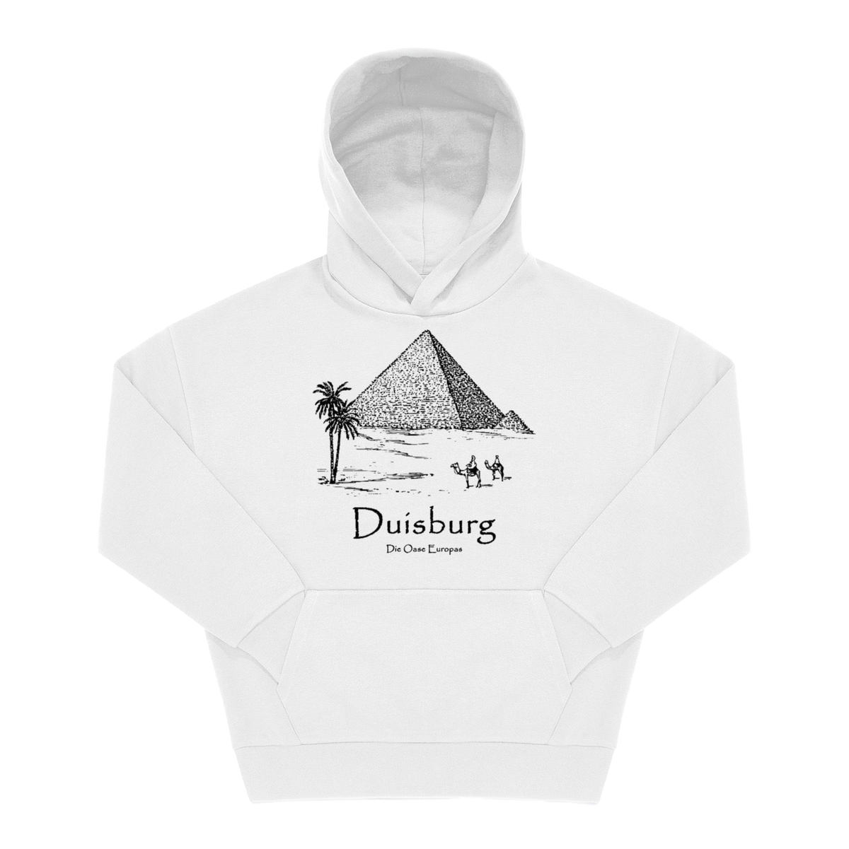 Weißer Hoodie mit schwarzem Frontprint: Pyramiden-Illustration, Palmen, Kamele, Schriftzug „Duisburg, Die Oase Europas"