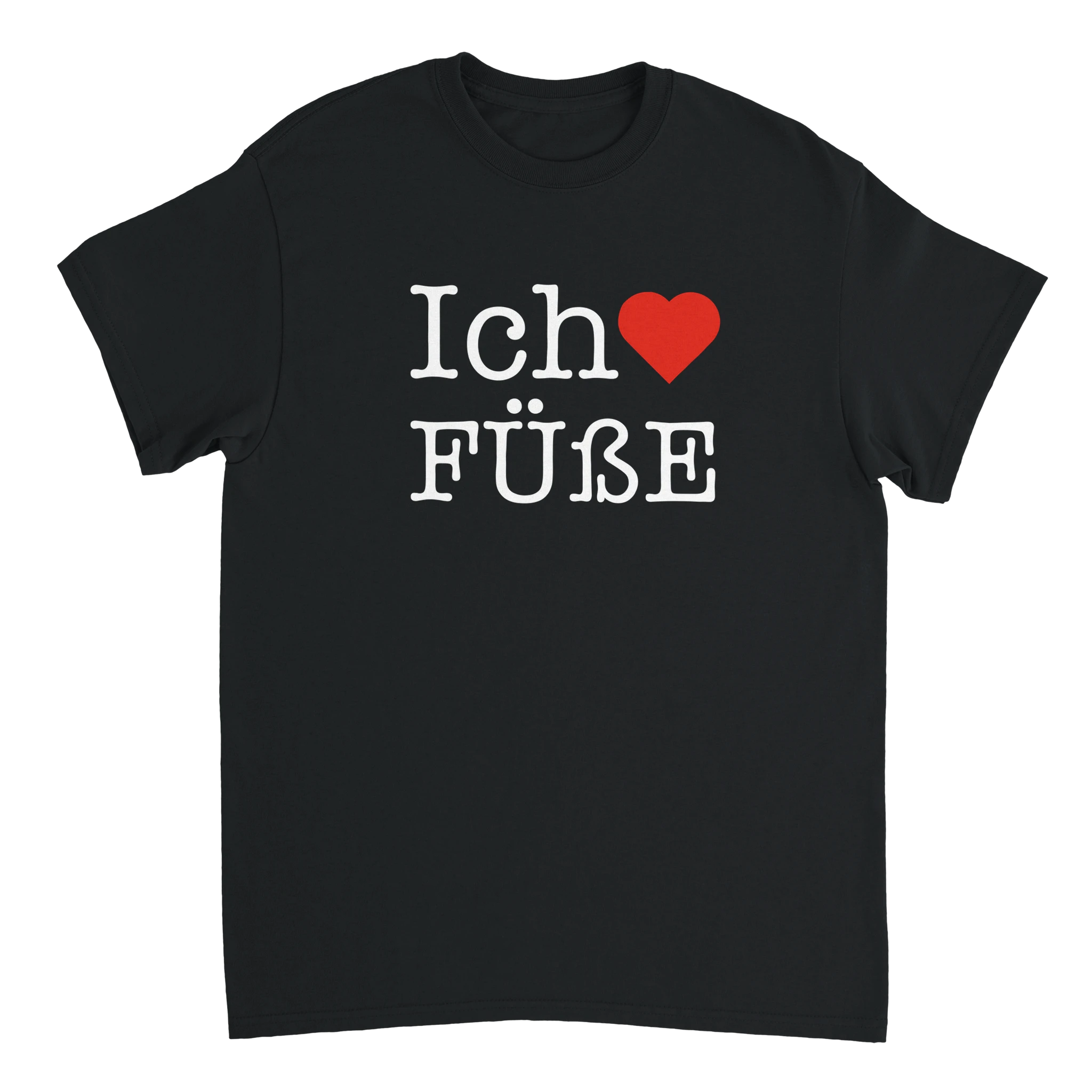 schwarzes T-Shirt mit der Aufschrift Ich liebe (Herz) Füße