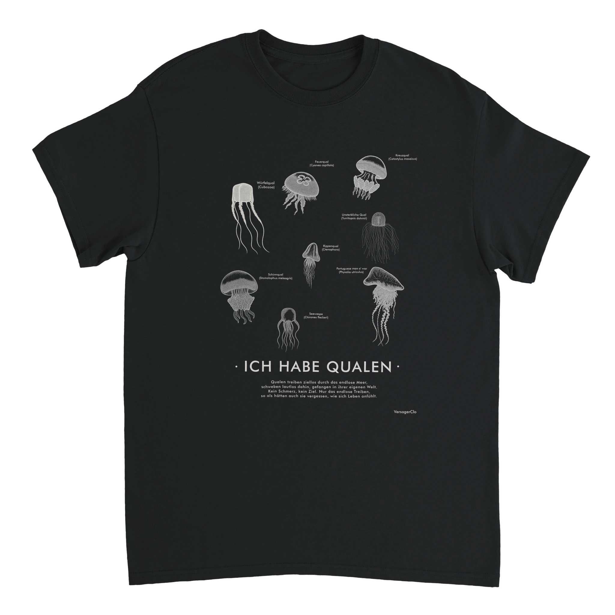 Meme T-Shirt mit der Aufschrift Ich habe Qualen und abgebildeten Quallen in schwarz