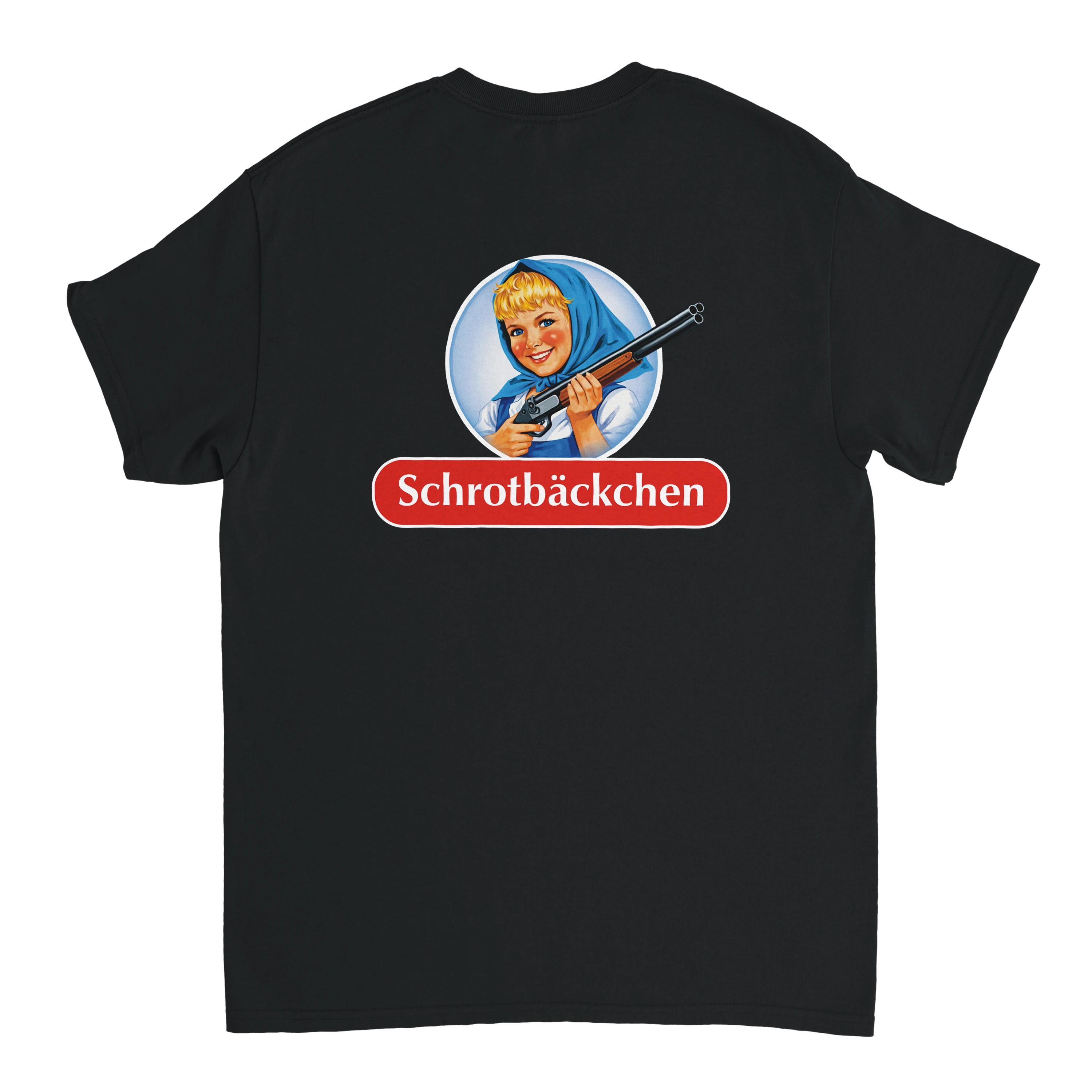 Produktbild schwarzes T-Shirt mit dem Rückendruck Schrotbäckchen