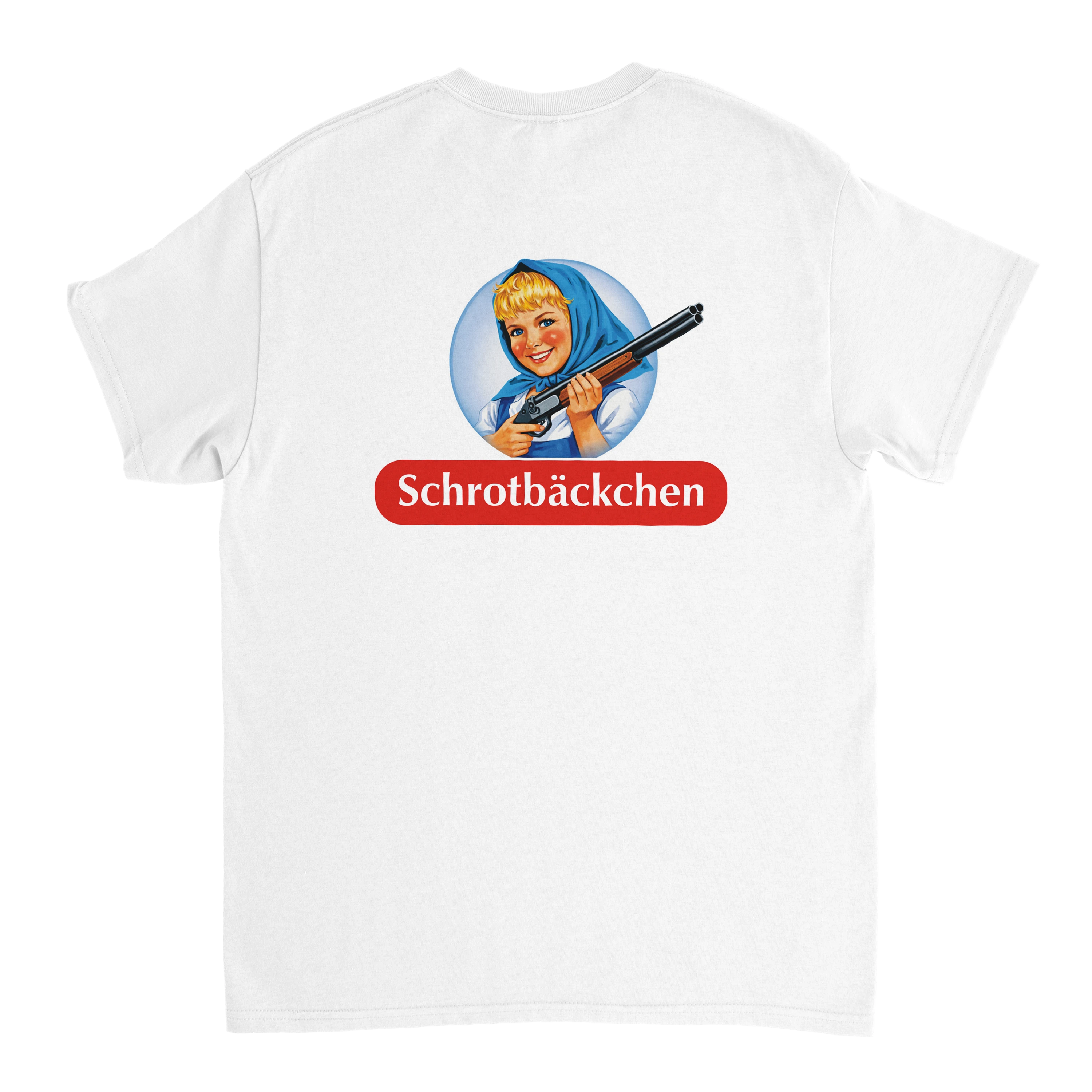Produktbild weißes T-Shirt mit dem Rückendruck Schrotbäckchen
