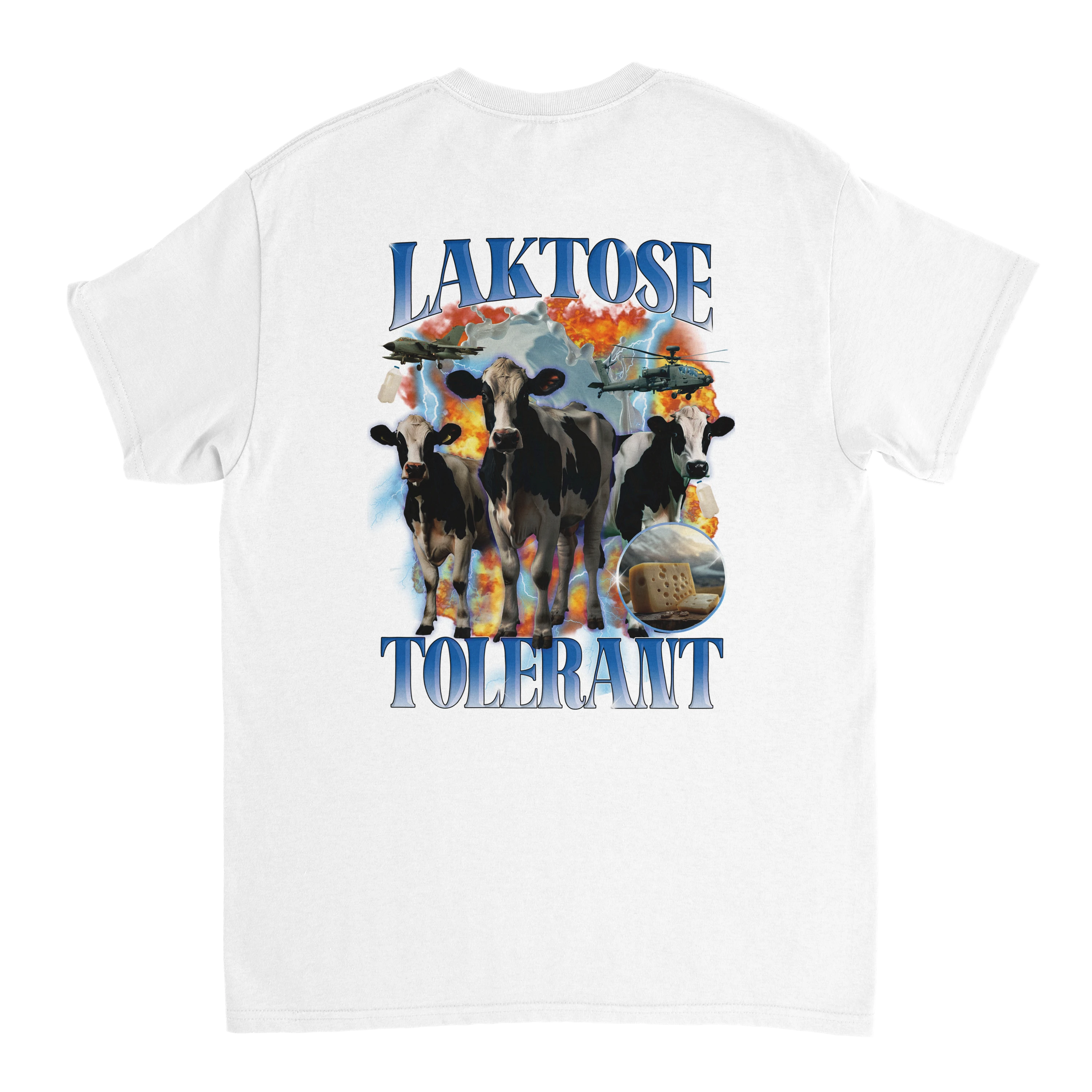 Produktbild weißes T-Shirt mit dem Rückendruck Laktose Tolerant
