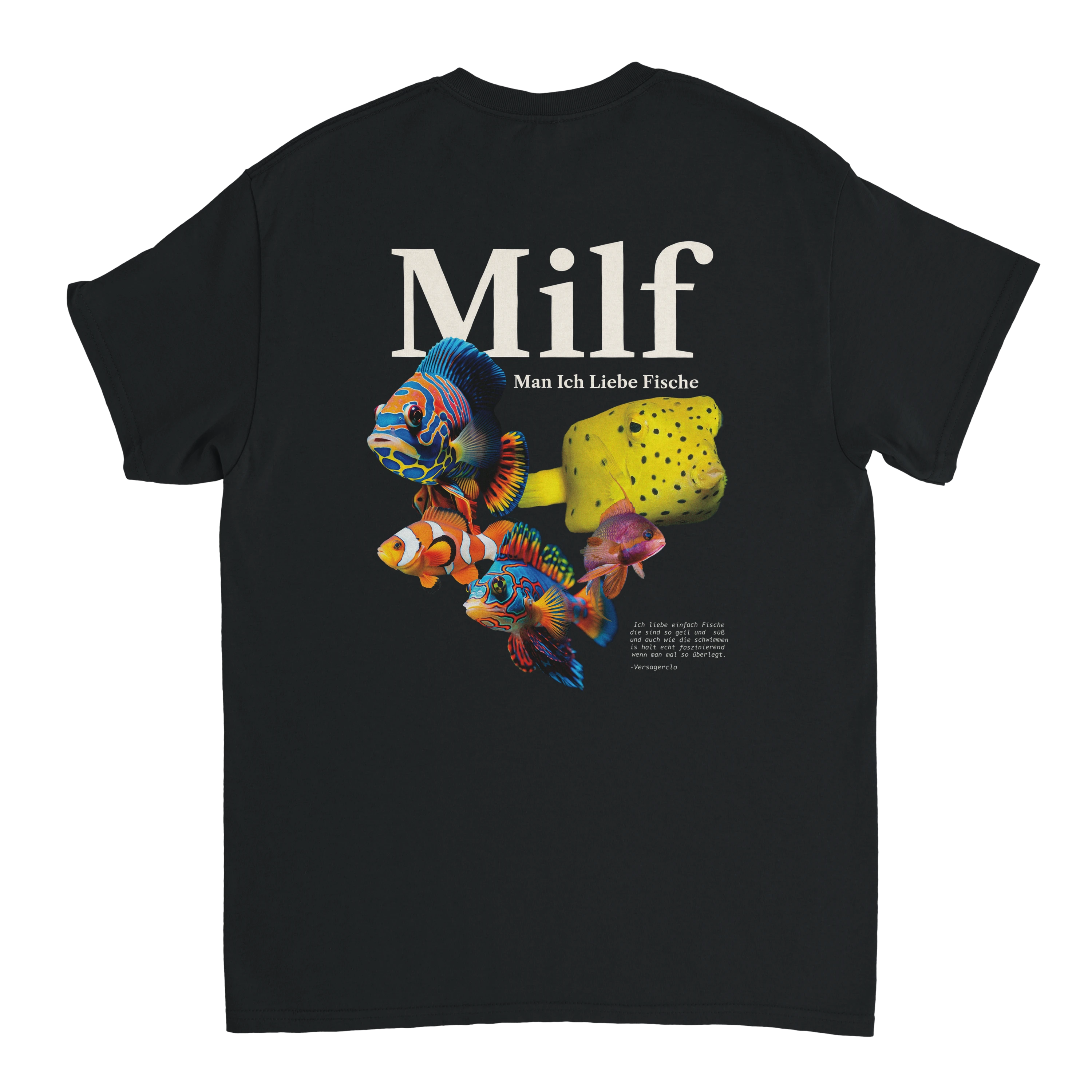 Produktbild schwarzes T-Shirt mit dem Backprint Milf, Man ich liebe Fische