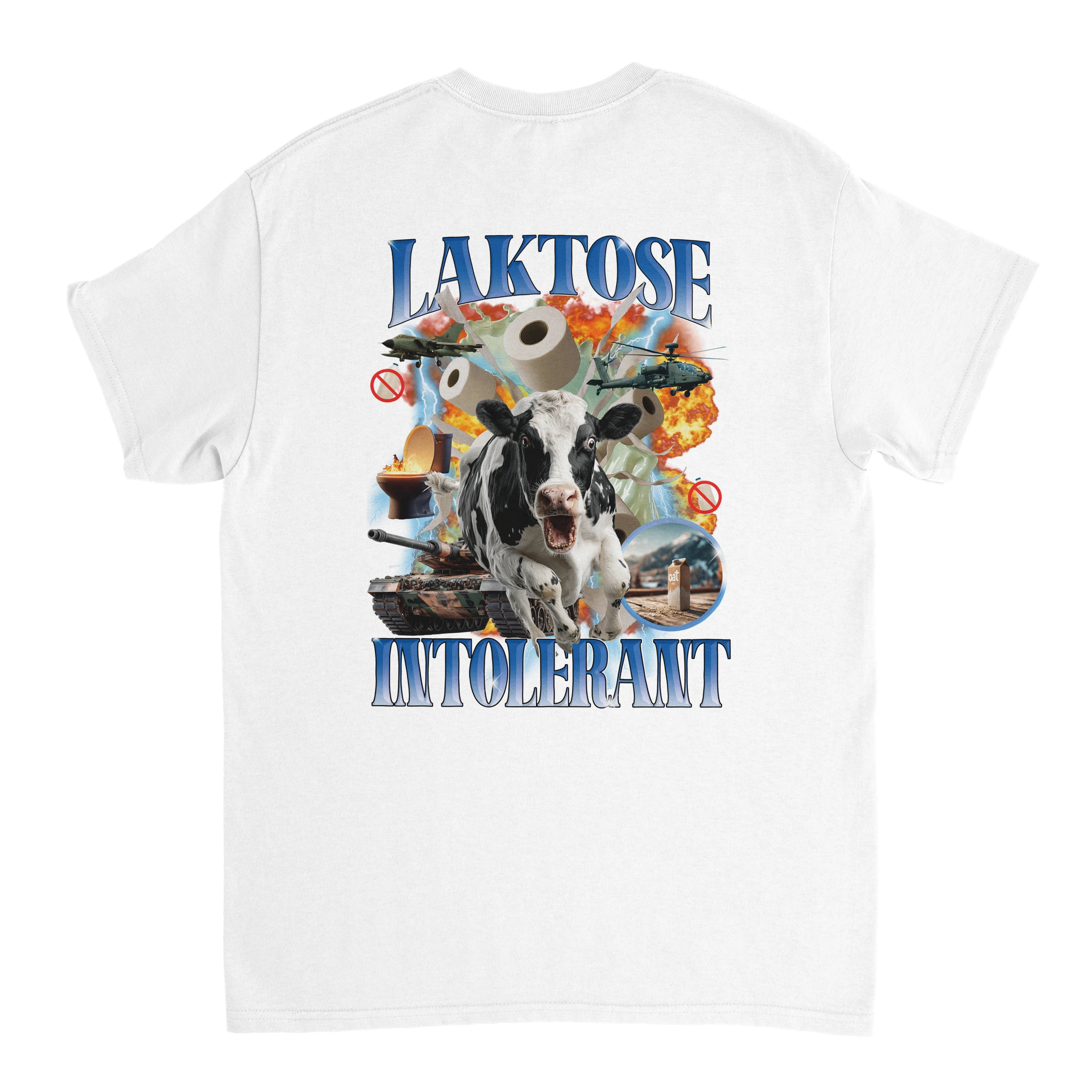 Produktbild weißes T-Shirt mit dem Backprint Laktose Intolerant