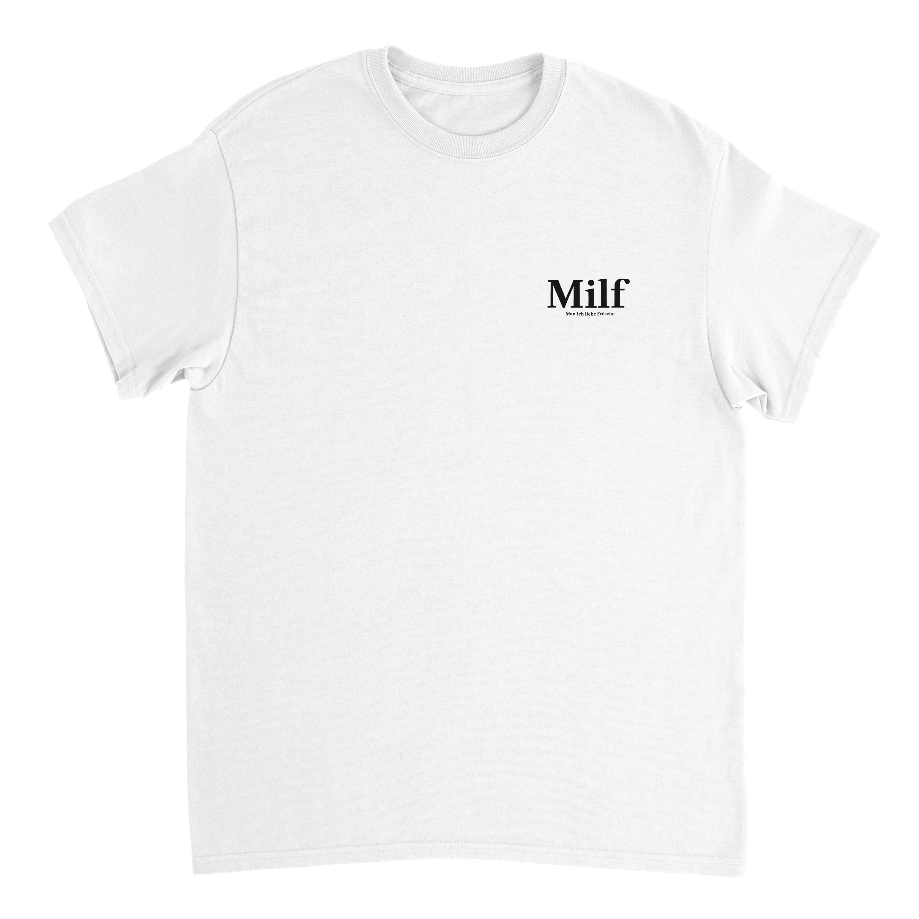 Produktbild weißes T-Shirt mit dem Brustdruck Milf, Man ich liebe Frösche