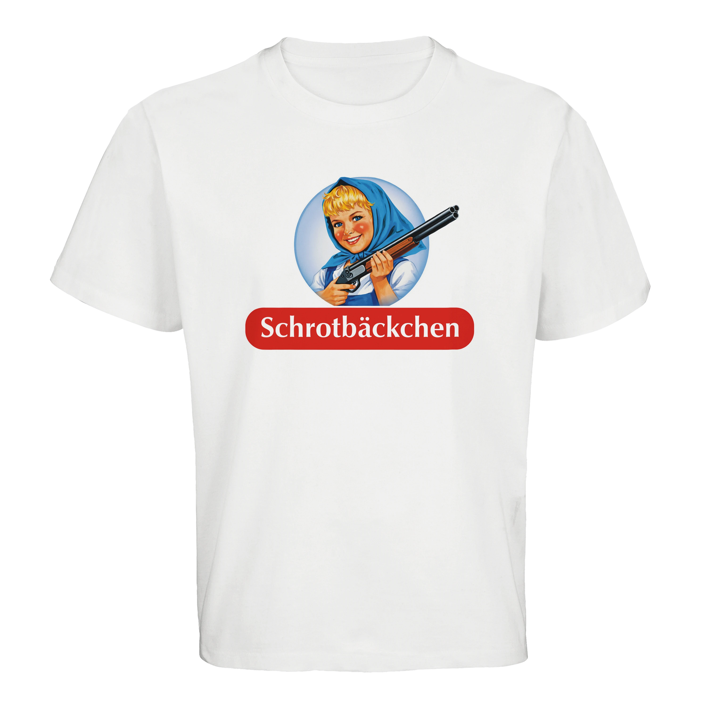 Produktbild von weißem T-Shirt mit Schrotbäckchen Logo