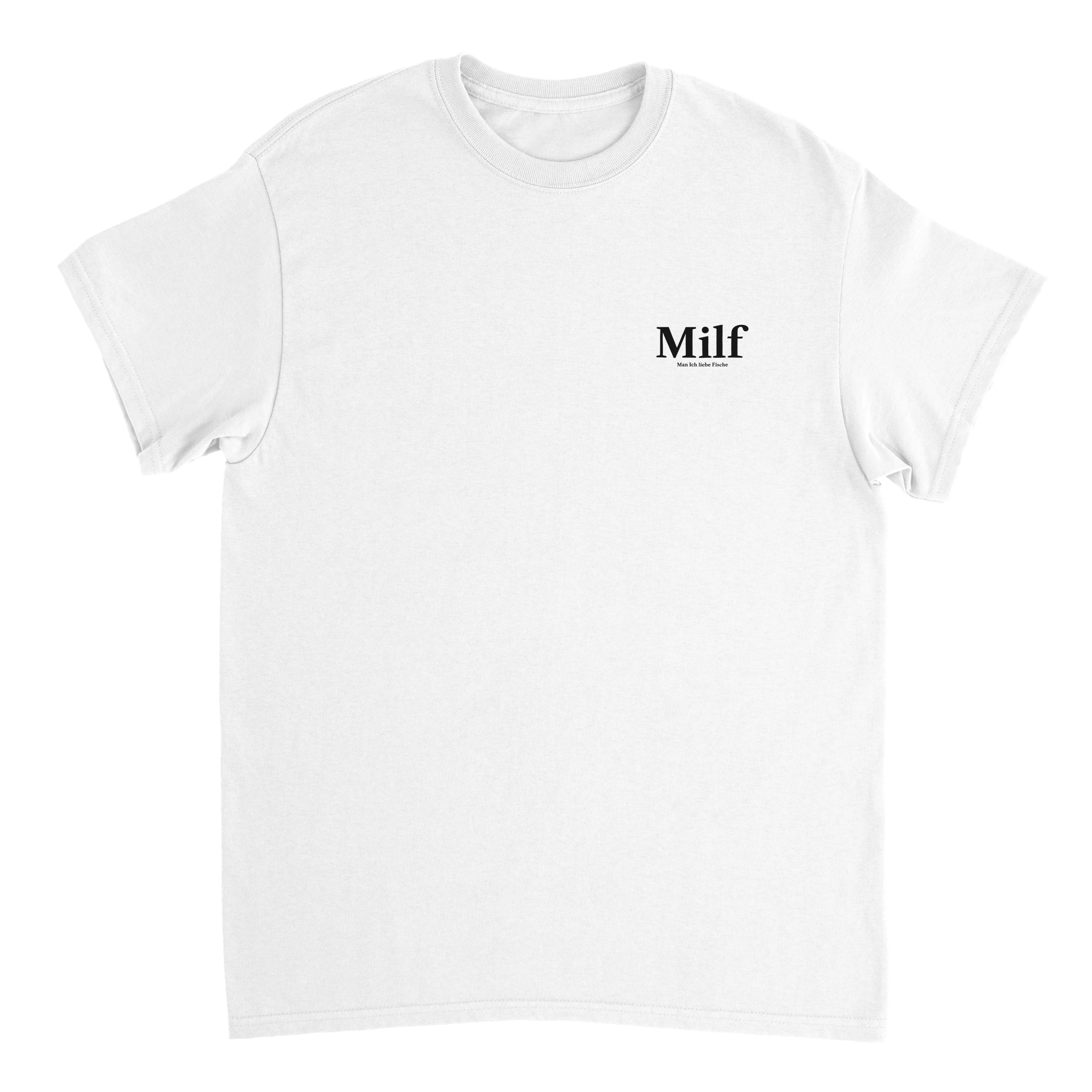Produktbild weißes T-Shirt mit dem Brustdruck Milf, Man ich liebe Fische