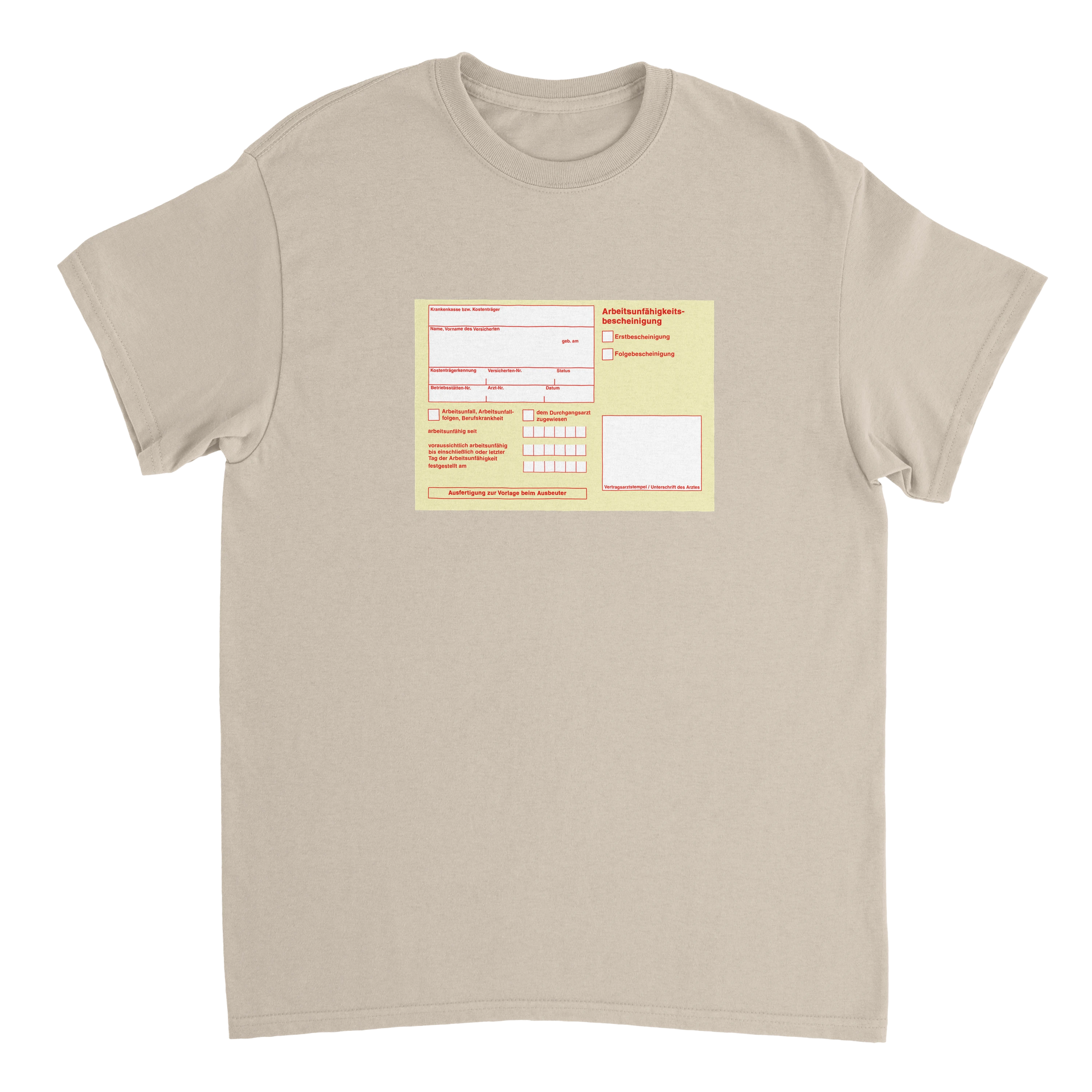 sandfarbenes T-Shirt mit einem abgebildeten gelben Schein 