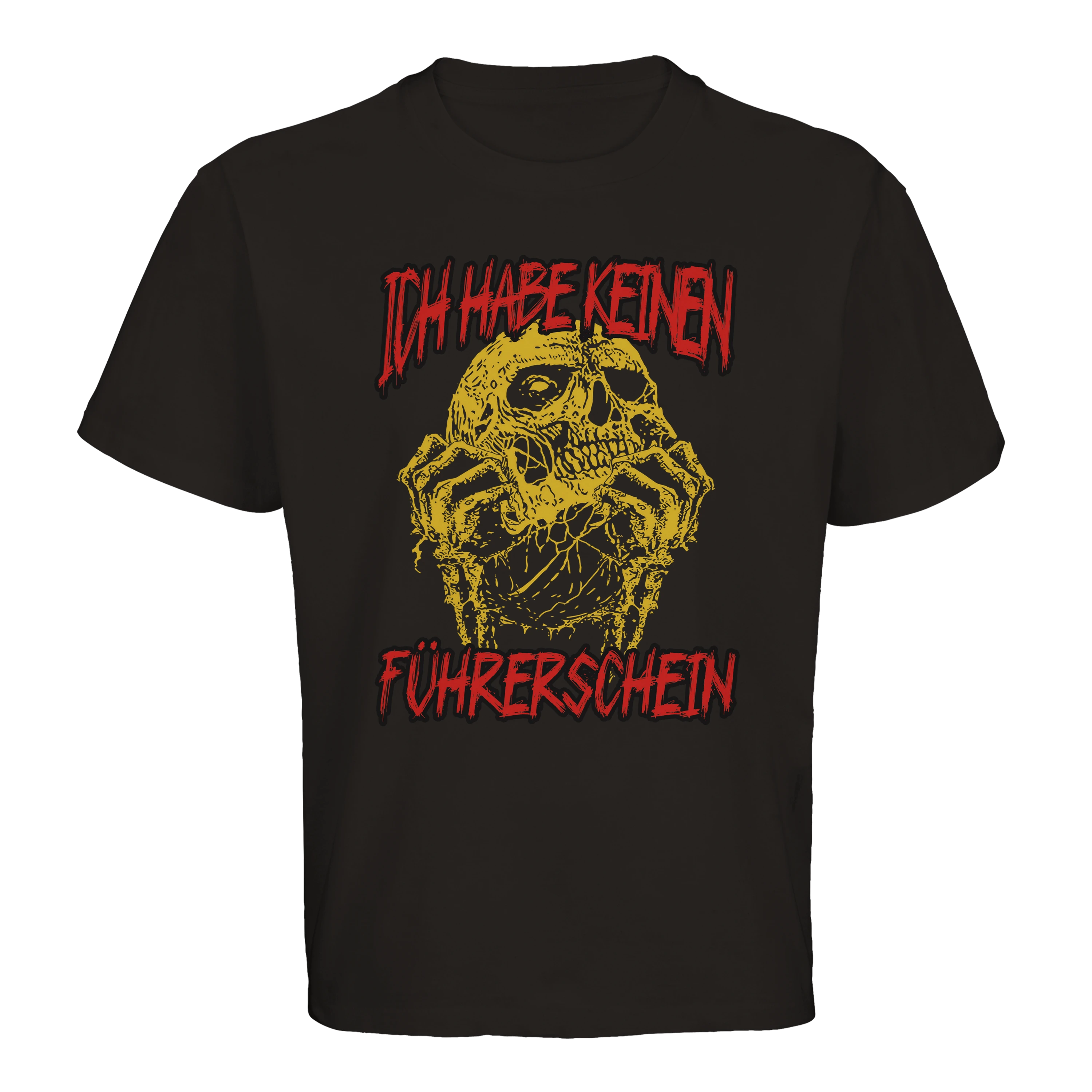 Produktbild von schwarzem Oversized  T-Shirt mit der Aufschrift Ich habe keinen Führerschein mit einem Totenkopf
