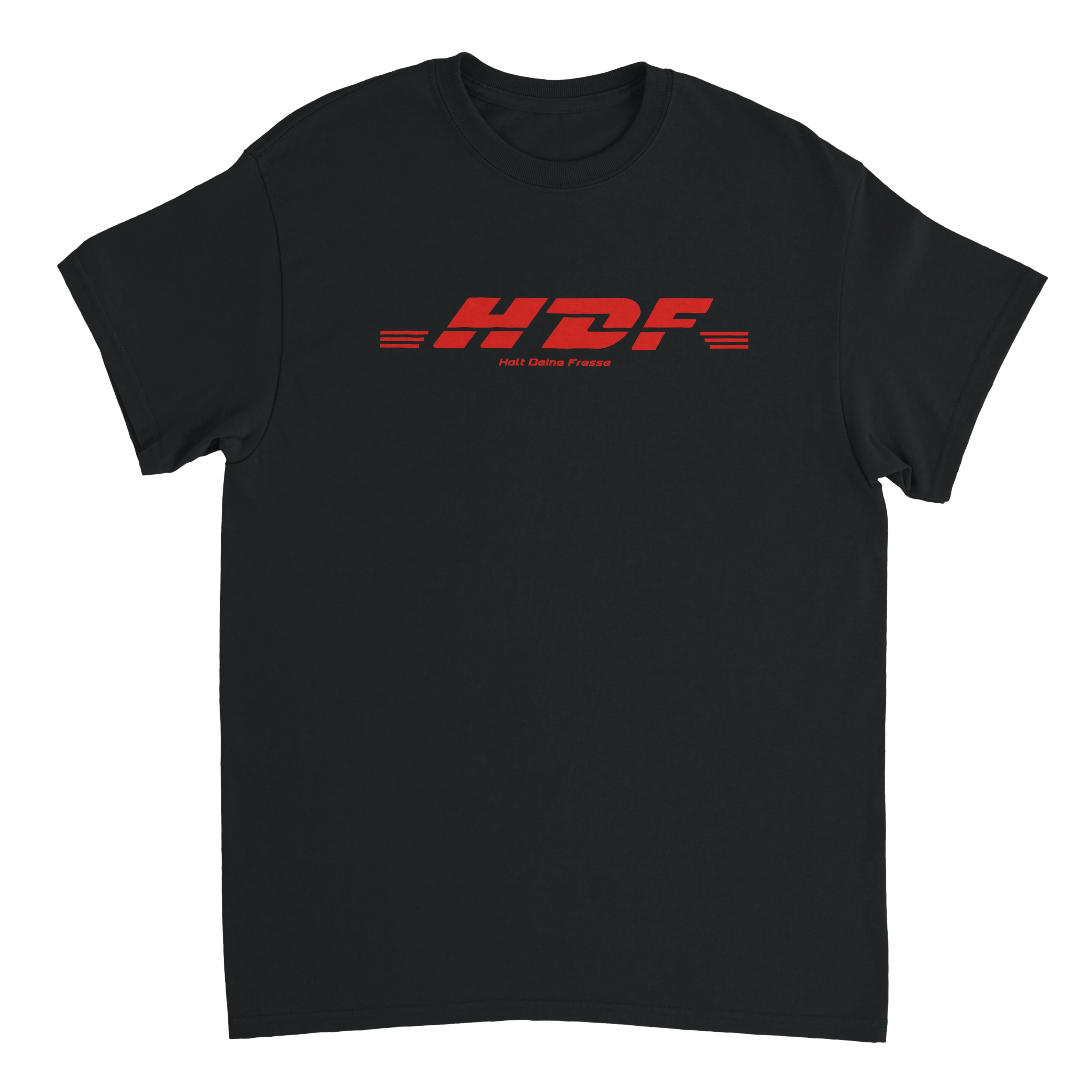schwarzes T-Shirt mit der Aufschrift HDF "Halt Deine Fresse"