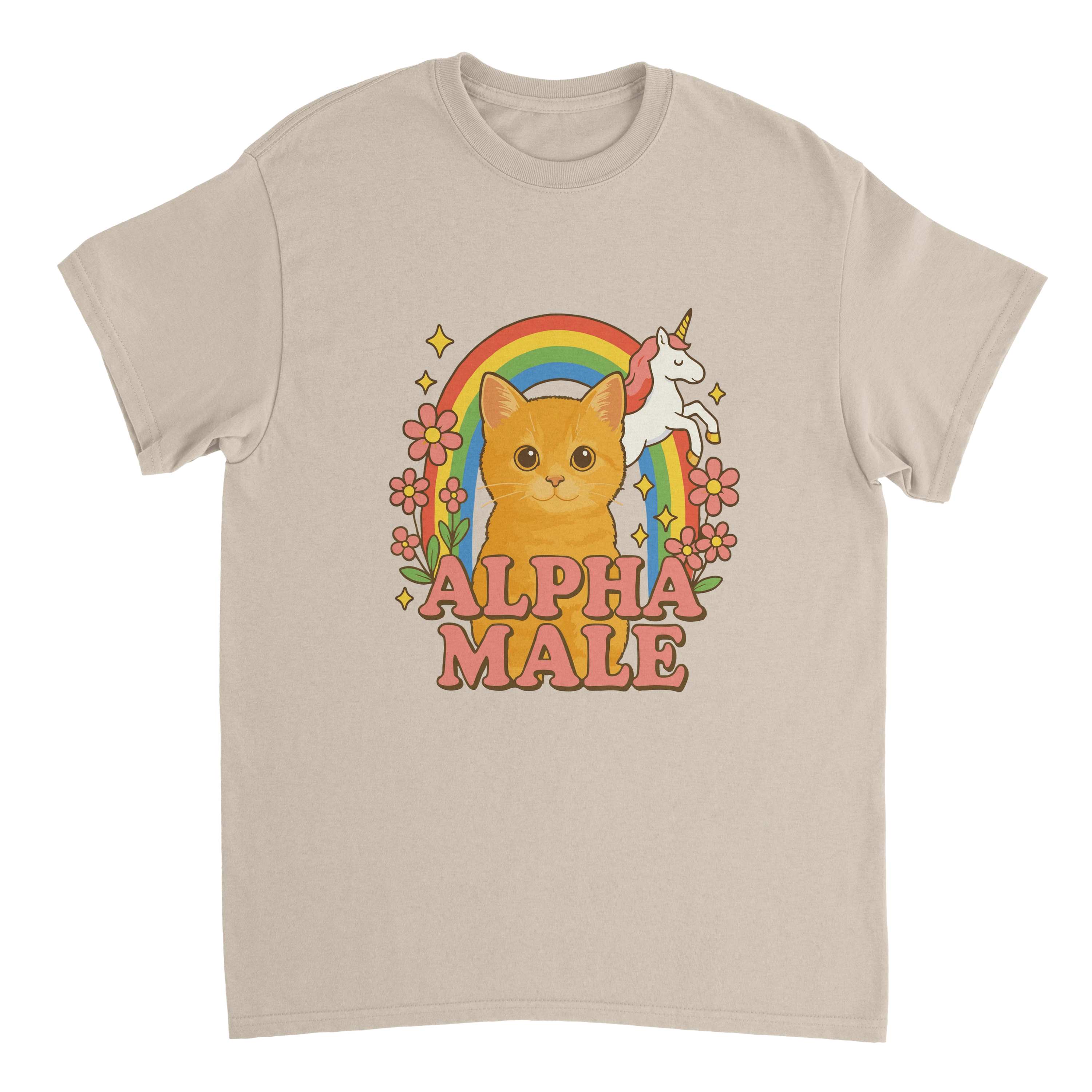 Produktbild sandfarbenes T-Shirt auf dem Alpha Male steht mit einer Katze und einem Einhorn