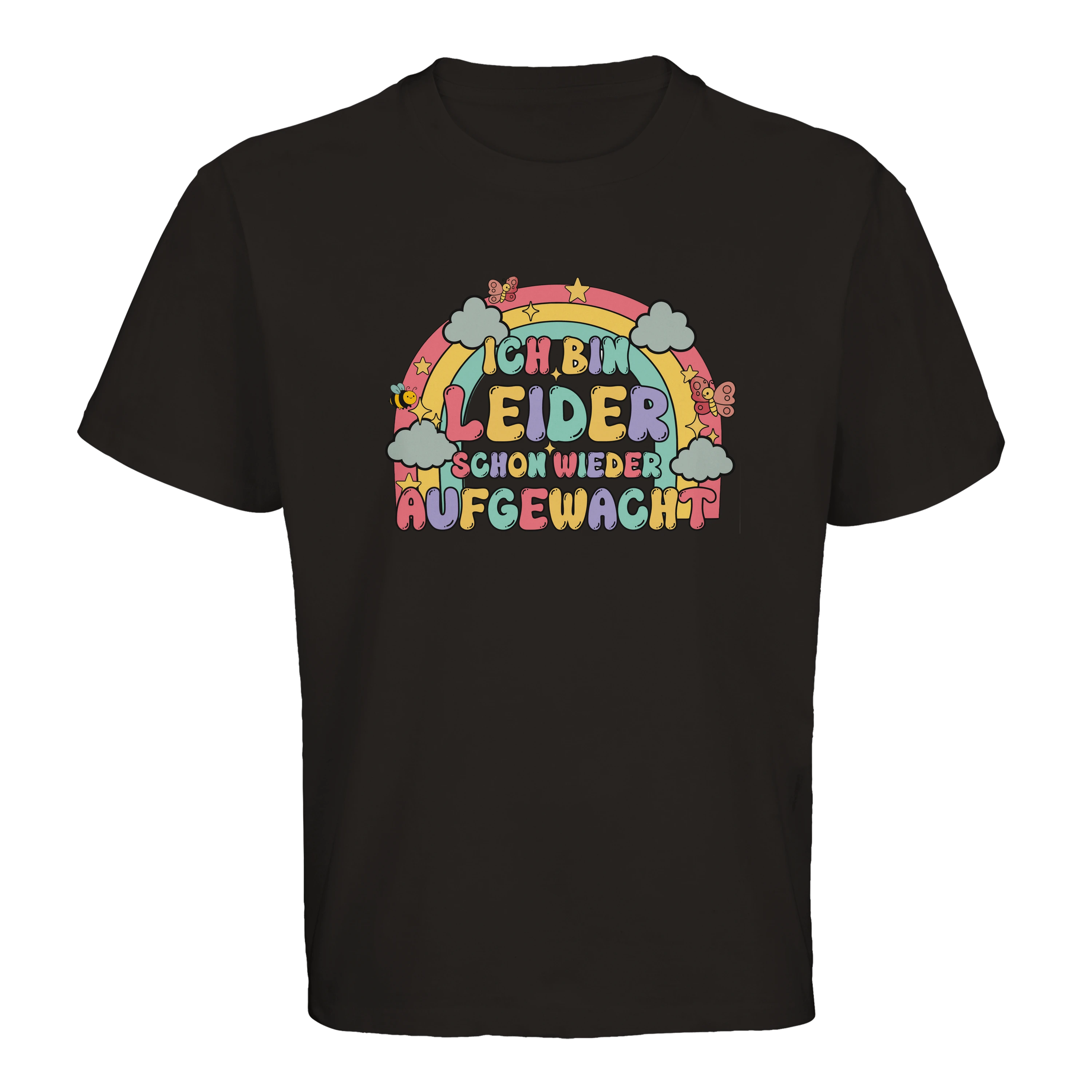 schwarzes Oversized T-Shirt mit der Aufschrift Ich bin leider schon wieder aufgewacht 