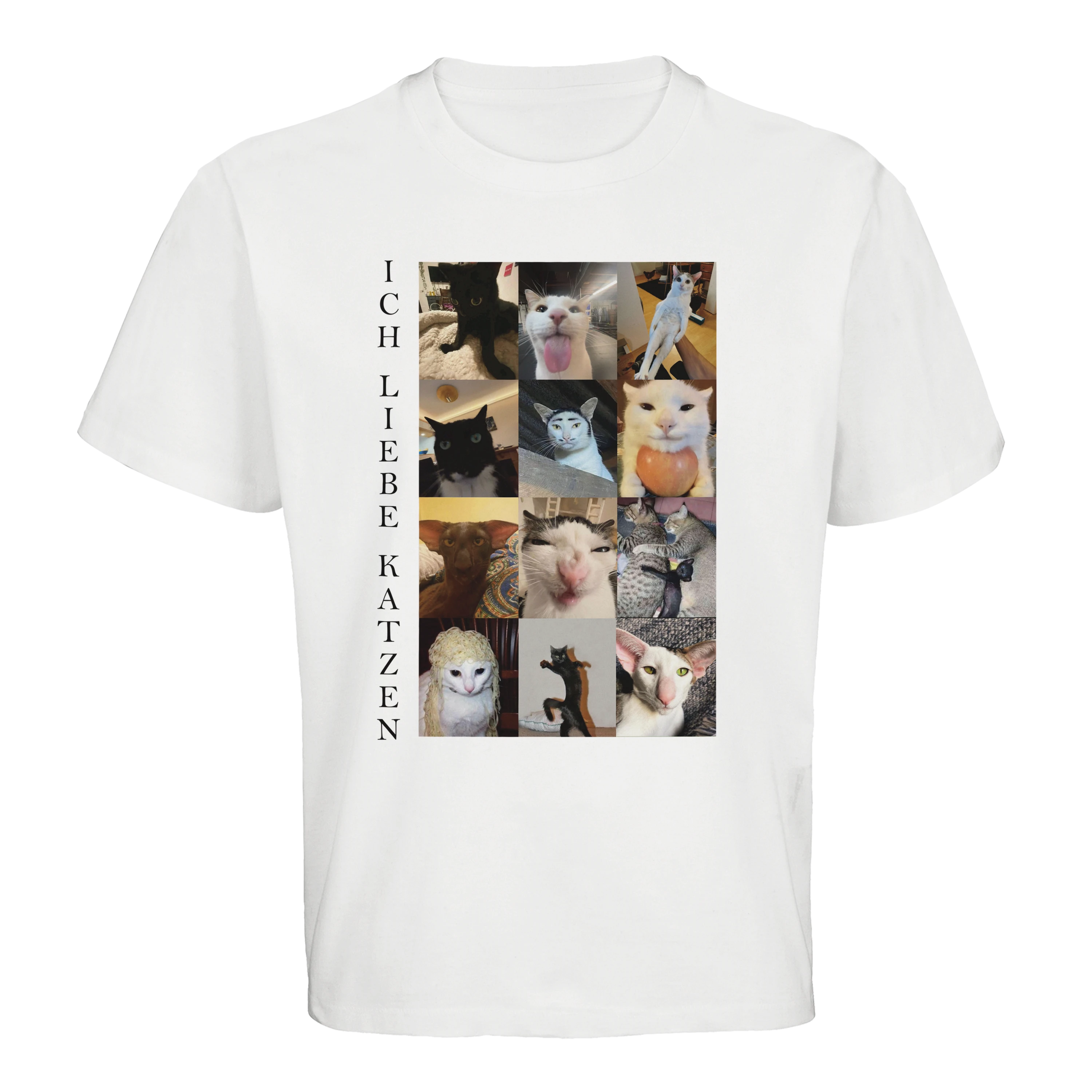 Produktbild von weißem Oversized T-Shirt mit der Aufschrift "Ich liebe Katzen" und einer Collage mehrerer Katzen