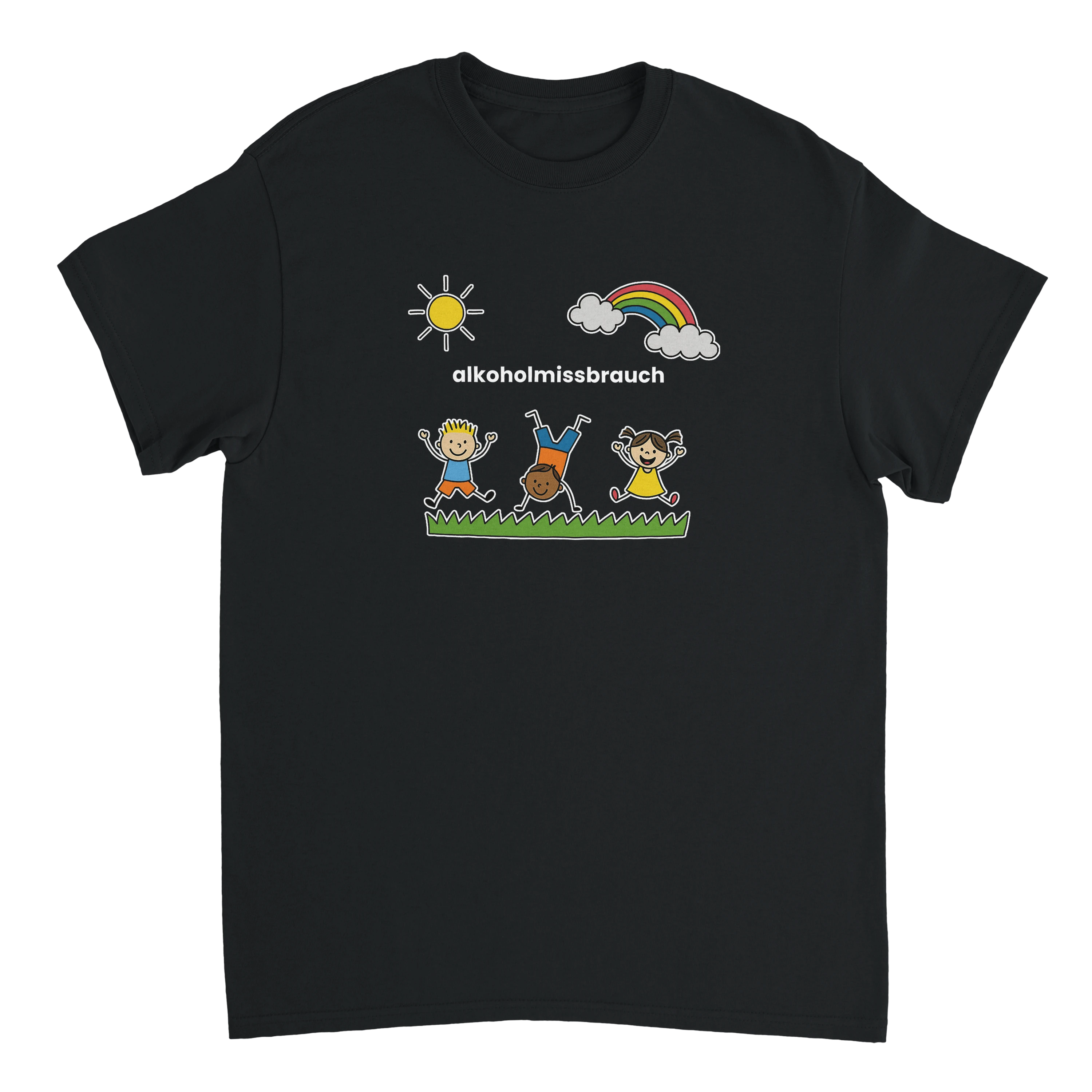 schwarzes T-Shirt mit der Aufschrift alkoholmissbrauch mit gezeichneten spielenden Kindern, einem Regenbogen und einer Sonne