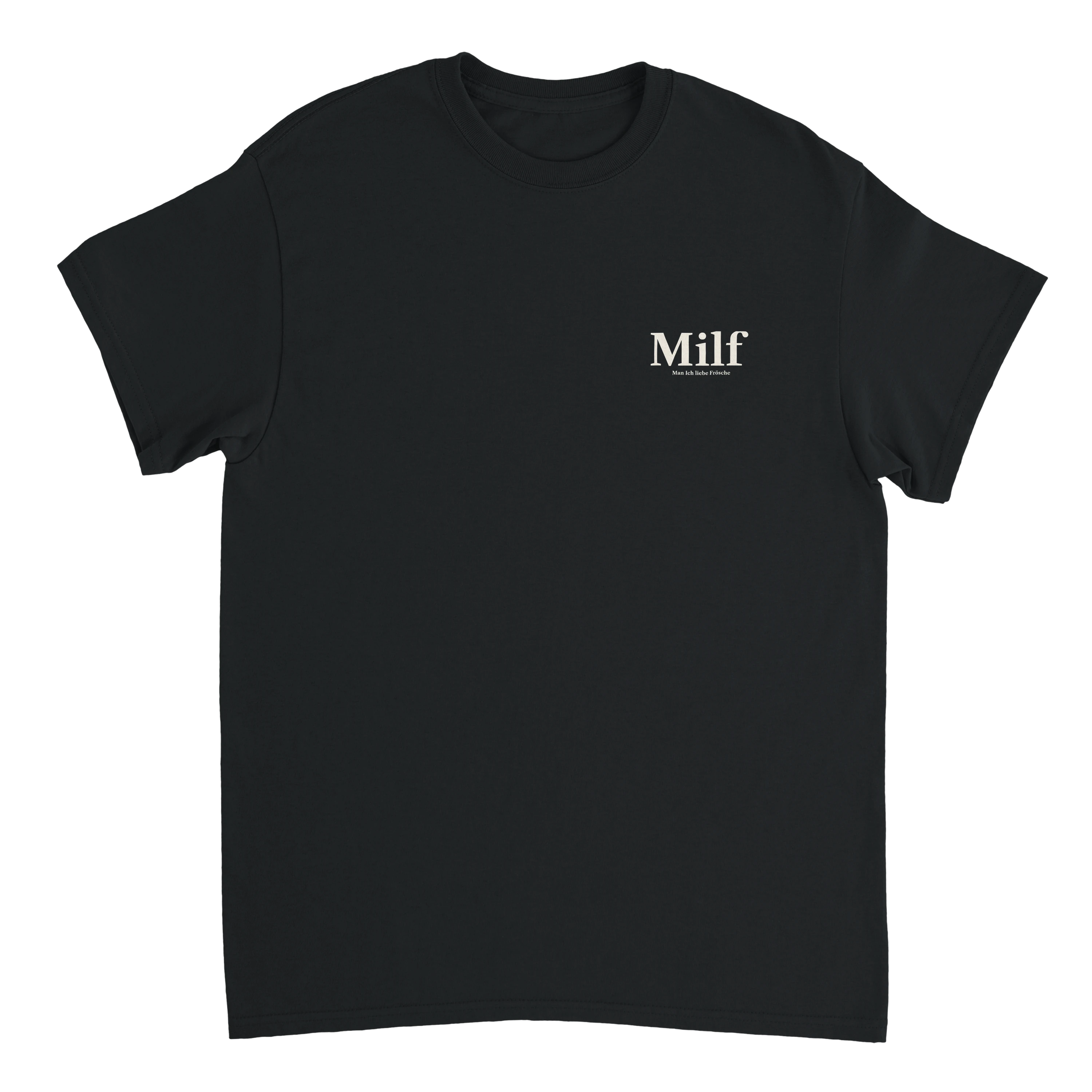 Produktbild schwarzes T-Shirt mit dem Brustdruck Milf, Man ich liebe Frösche