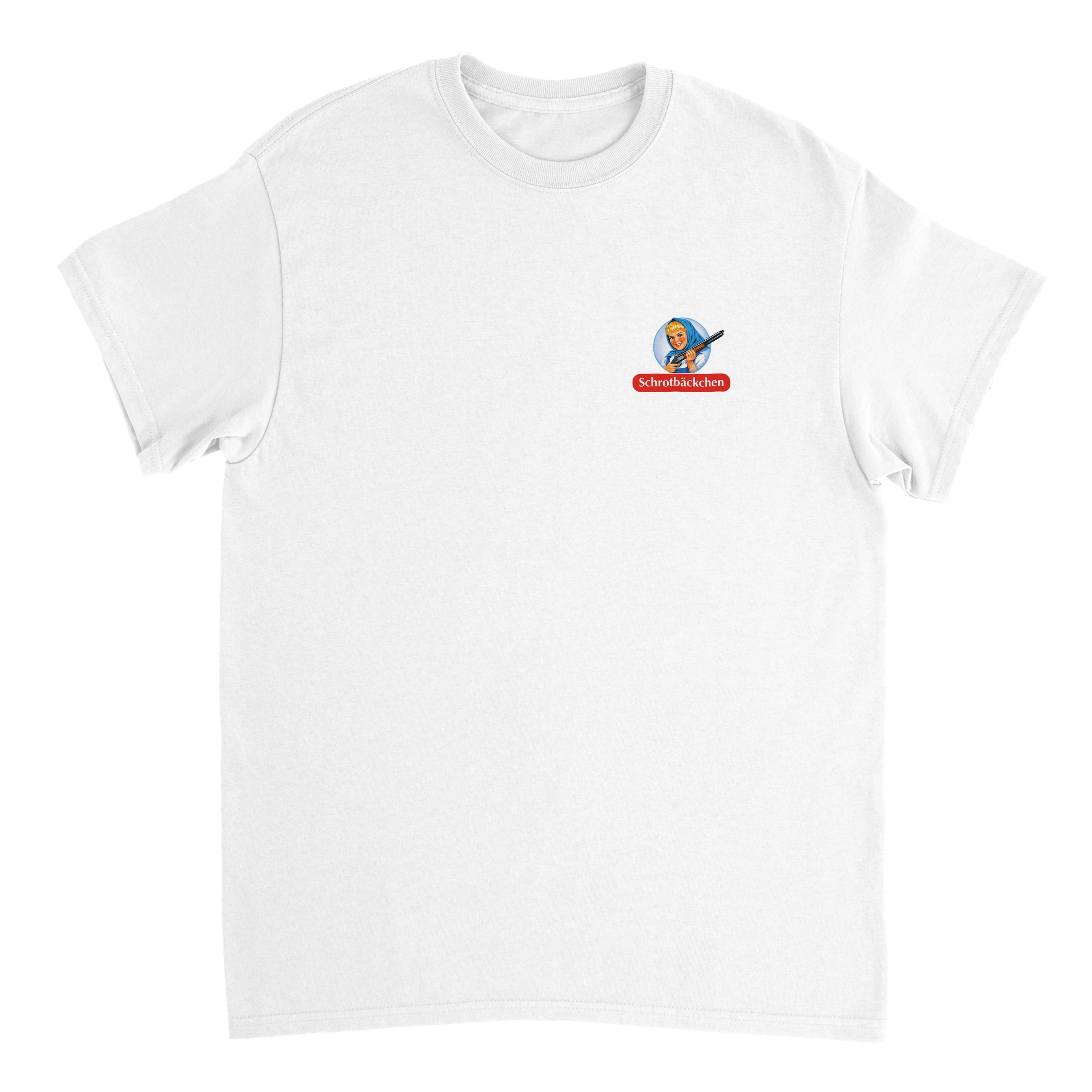 Produktbild weißes T-Shirt mit dem Brustdruck Schrotbäckchen