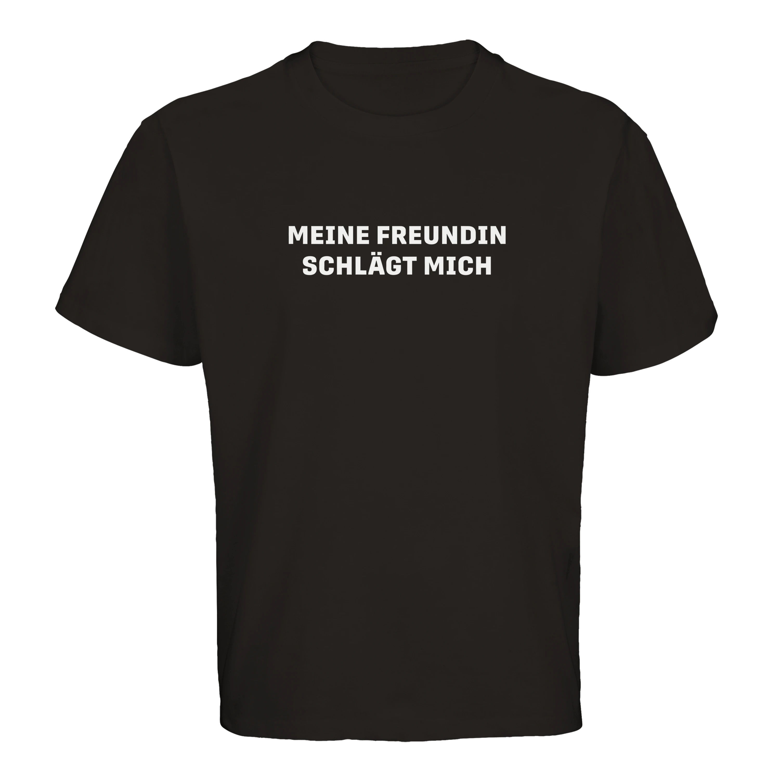 Produktbild von schwarzem Oversized T-Shirt mit der Aufschrift Meine Freundin schlägt mich