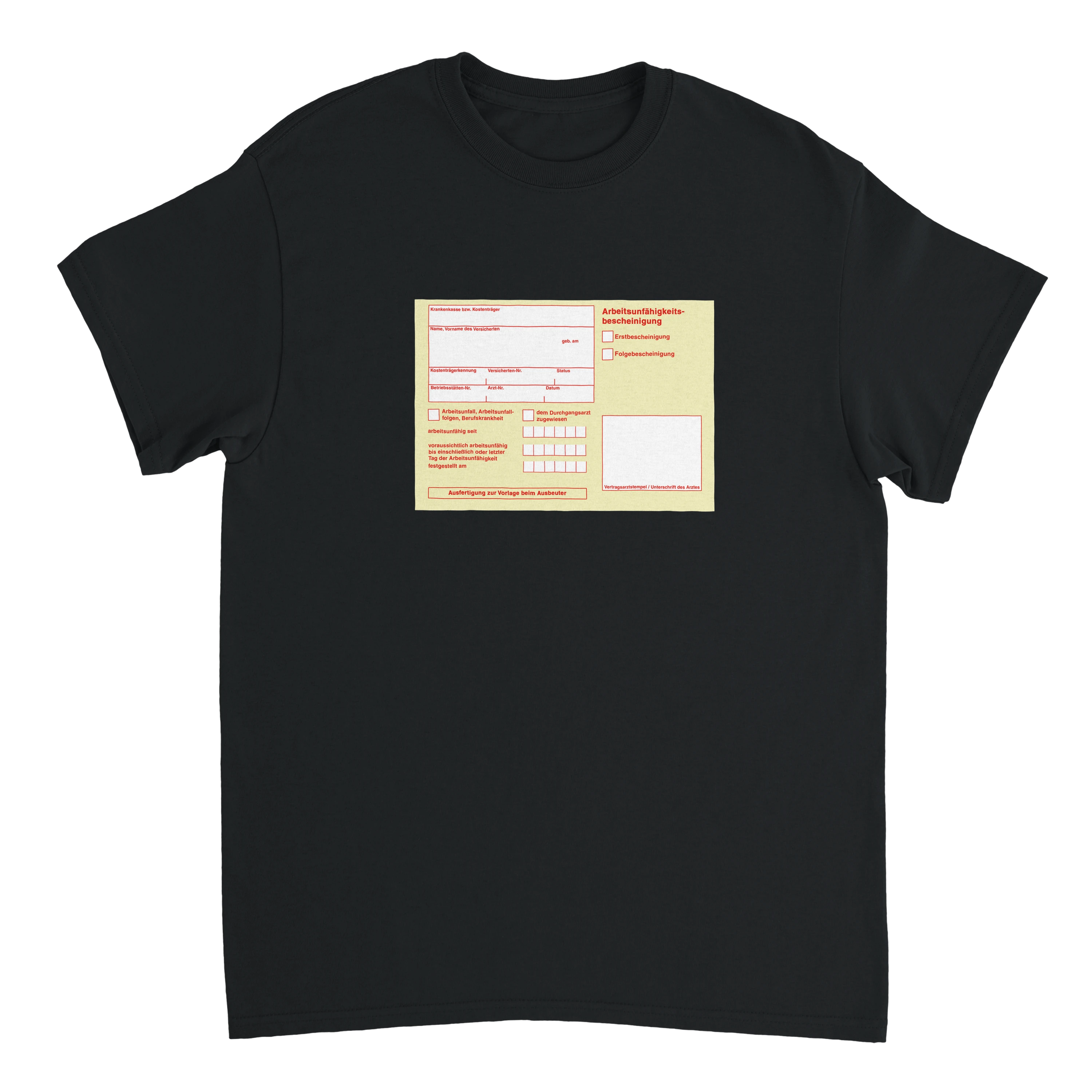 schwarzes T-Shirt mit einem abgebildeten gelben Schein 