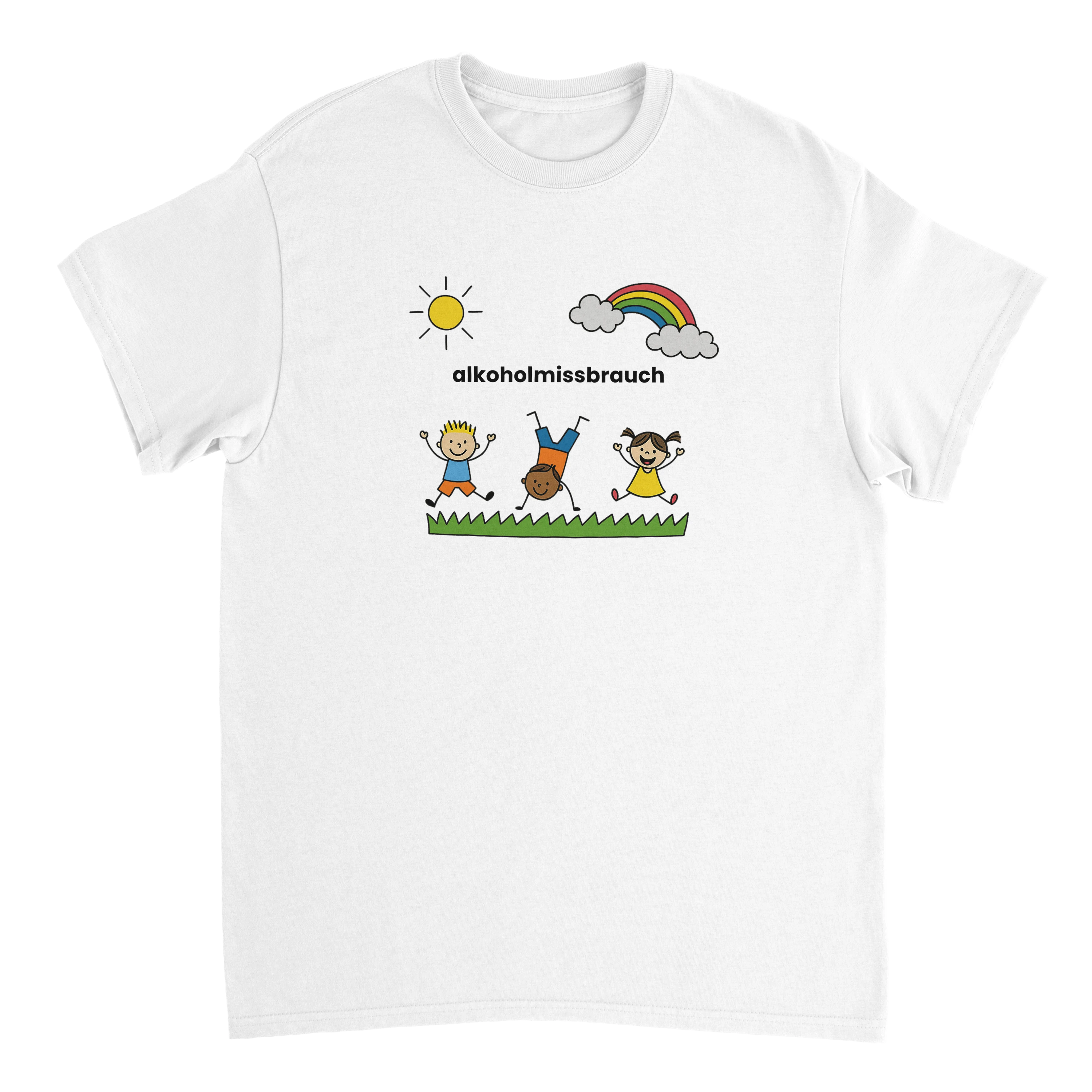 weißes T-Shirt mit der Aufschrift alkoholmissbrauch mit gezeichneten spielenden Kindern, einem Regenbogen und einer Sonne