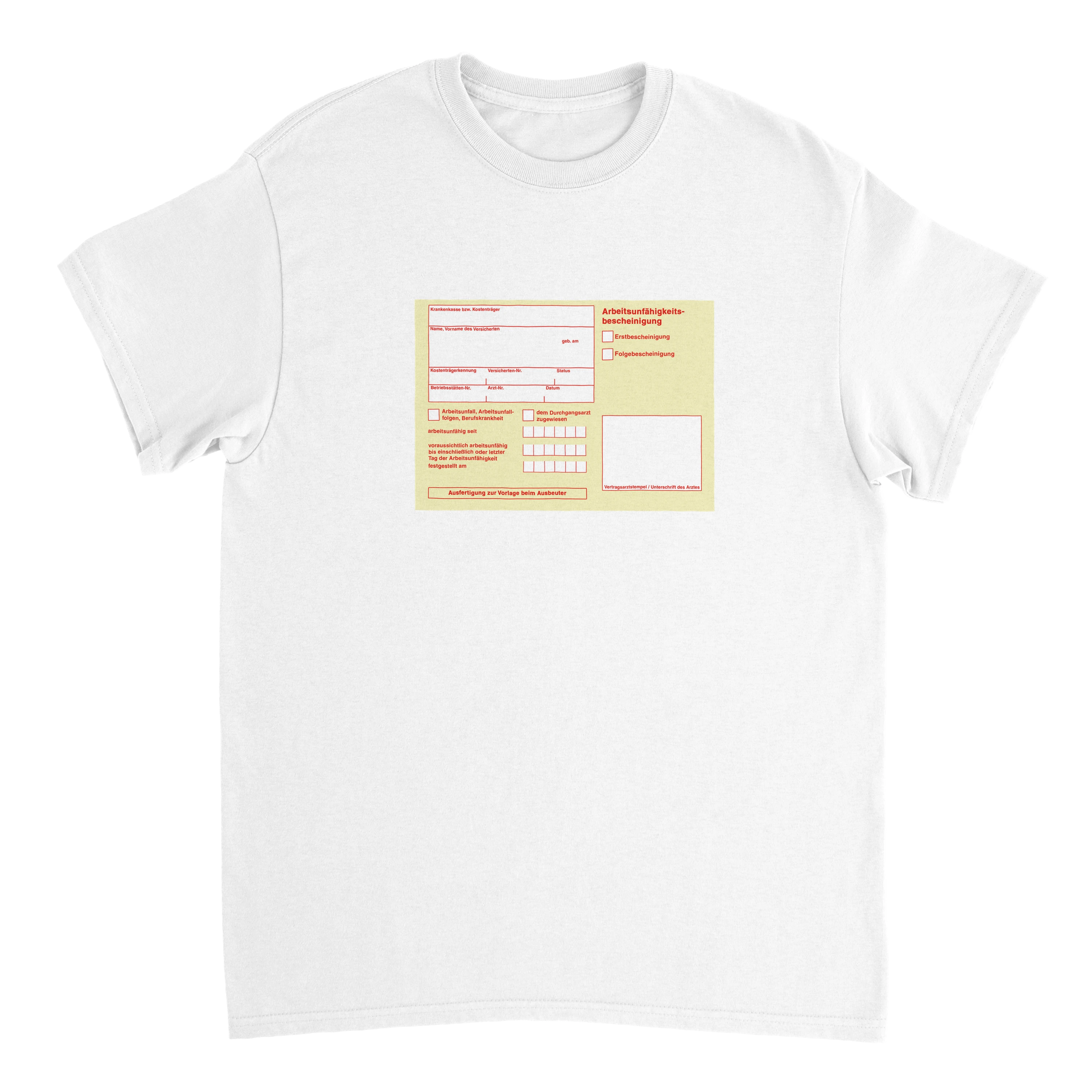 weißes T-Shirt mit einem abgebildeten gelben Schein 