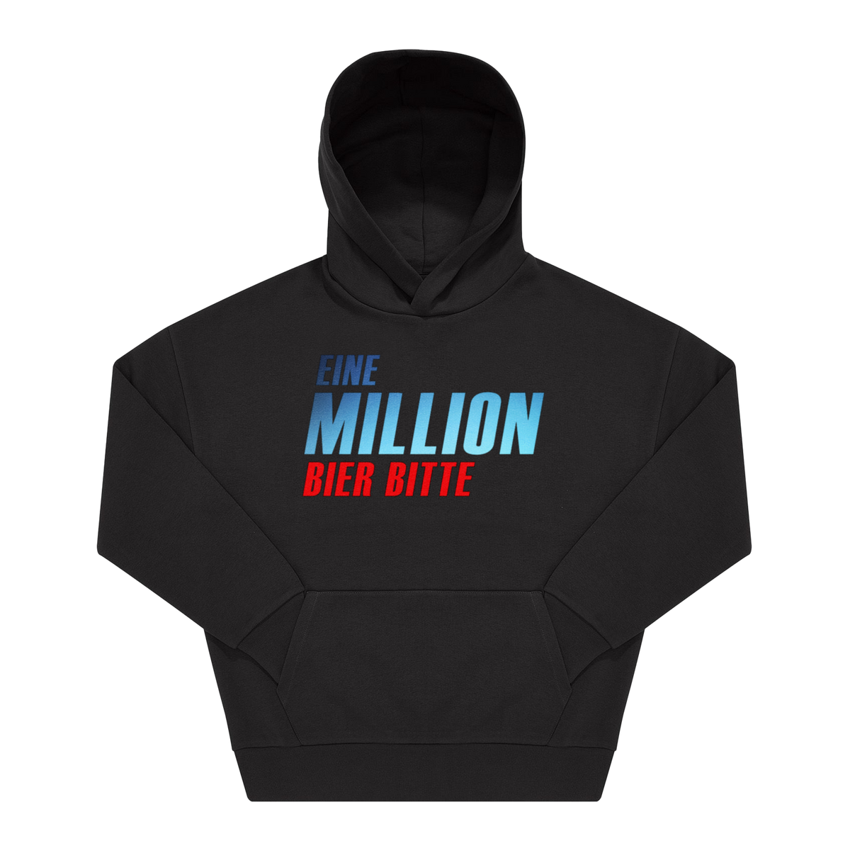 Schwarzer Hoodie mit Frontprint „Eine Million Bier bitte" in blau-rotem Fettdruck