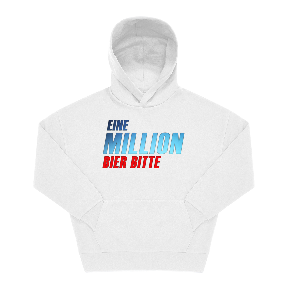 Weißer Hoodie mit Frontprint „Eine Million Bier bitte" in blau-rotem Fettdruck