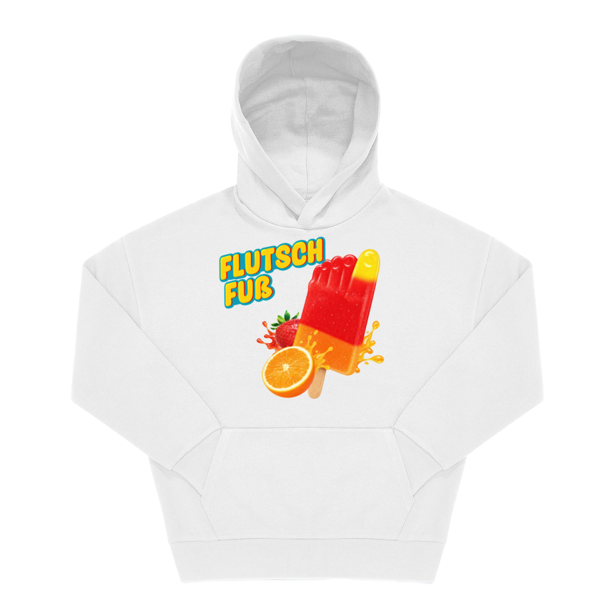 Weißer Hoodie mit Frontprint „Flutsch Fuß" in gelb-blauer Schrift und Eis am Stiel mit Früchten