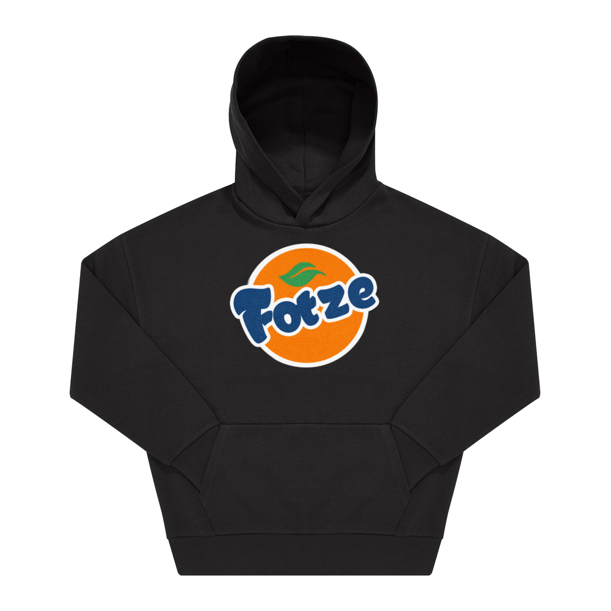 Schwarzer Hoodie mit „Fotze" als orangefarbener Kreis-Frontprint in blauer geschwungener Schrift mit grünem Blatt