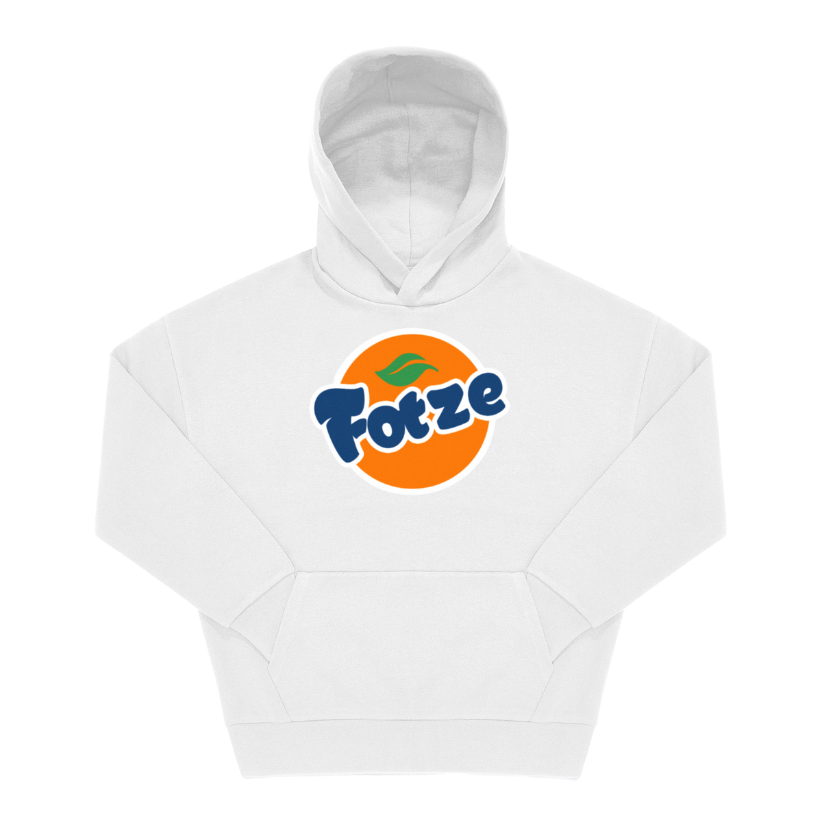 Weißer Hoodie mit rundem orangefarbenem Frontprint und „Fotze" in blauer Retro-Limonadenlogo-Schrift mit grünem Blatt
