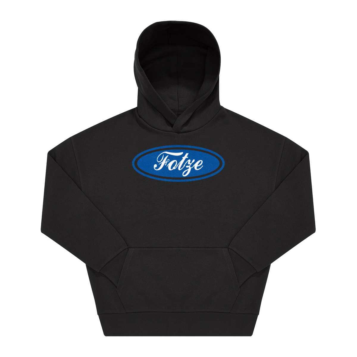 Schwarzer Hoodie mit blauem Oval-Frontprint und weißer Kursivschrift „Fotze" im Automarken-Stil.