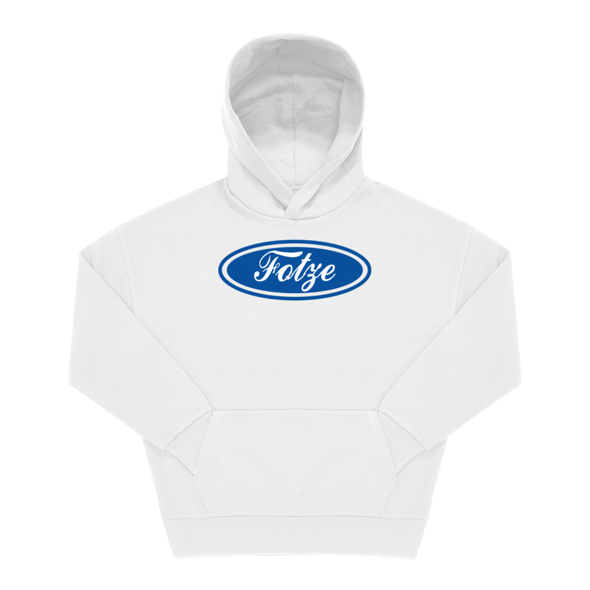Weißer Hoodie mit blauem Oval-Frontprint und weißer Kursivschrift „Fotze" im Automarken-Stil.