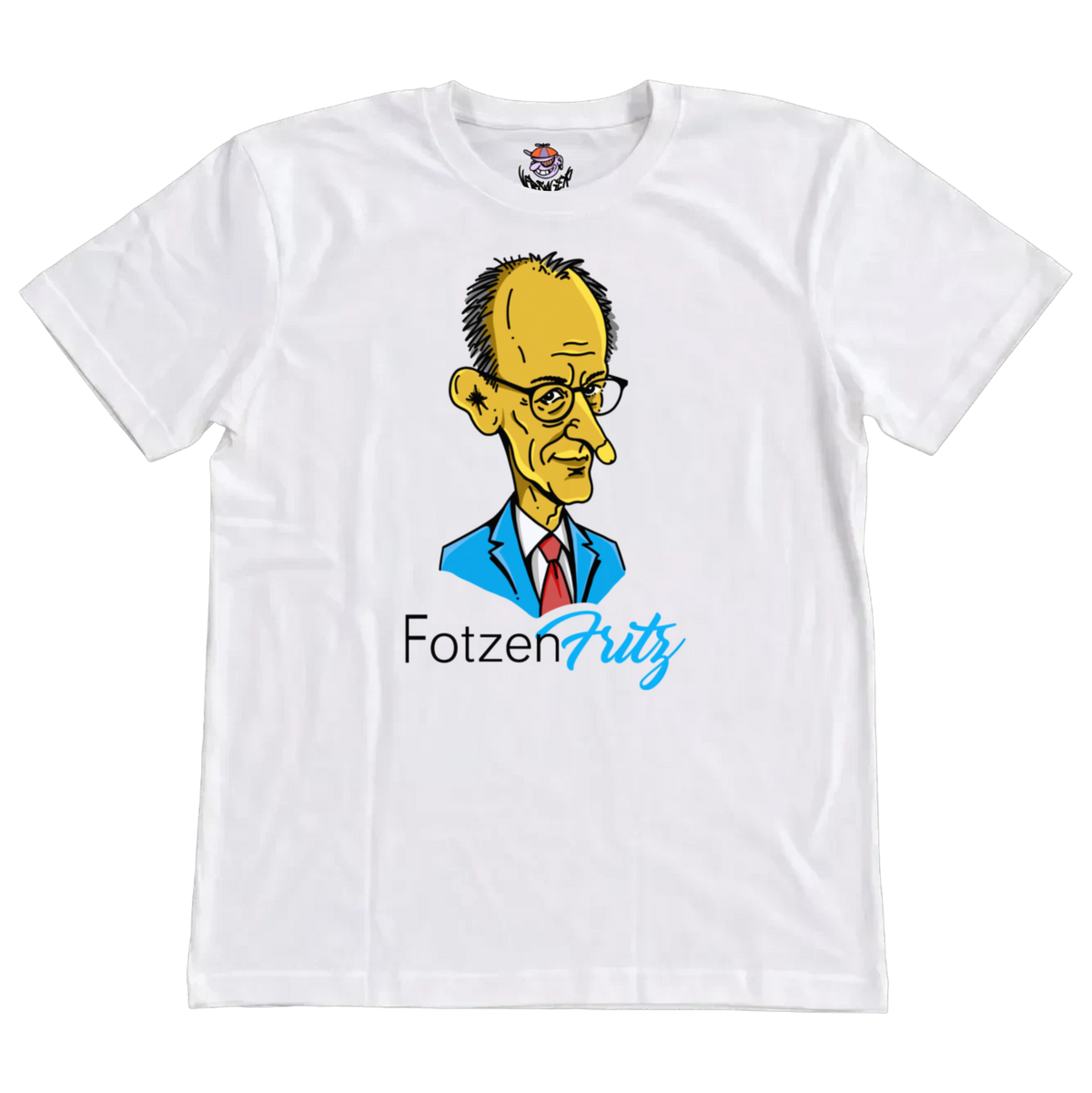 Weißes T-Shirt mit Brustprint: gelbe Karikatur eines Mannes mit Brille im blauen Anzug, darunter der Schriftzug „Fotzen