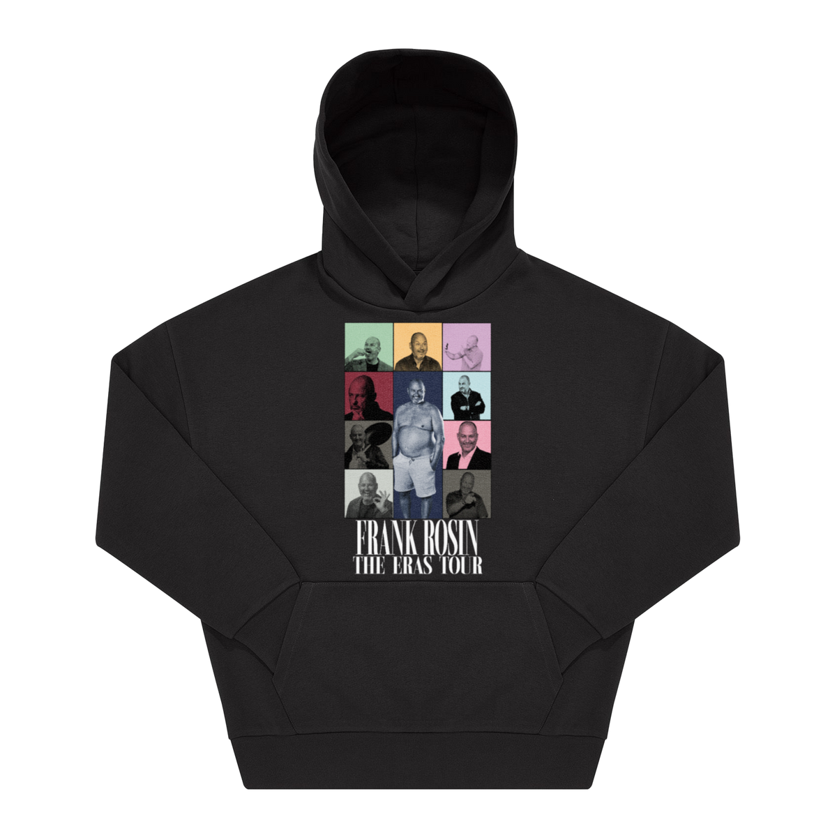 Schwarzer Hoodie mit Frontprint „Frank Rosin The Eras Tour", bunte Fotocollage im Konzertposter-Stil