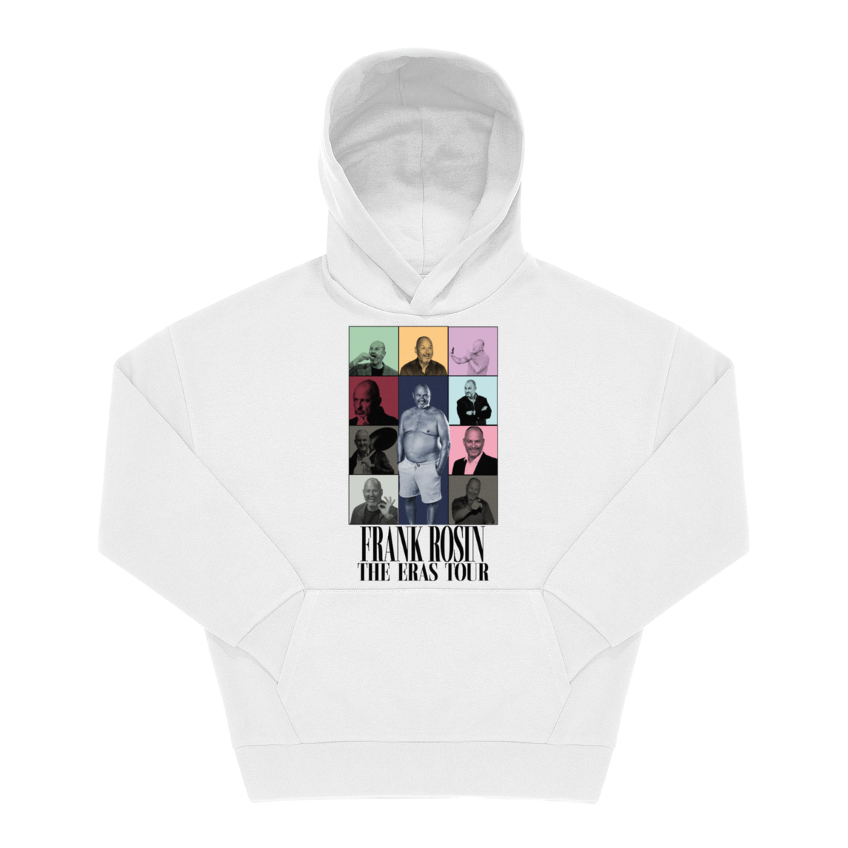 Weißer Hoodie mit Frontprint „Frank Rosin The Eras Tour", bunte Fotocollage im Konzertposter-Stil